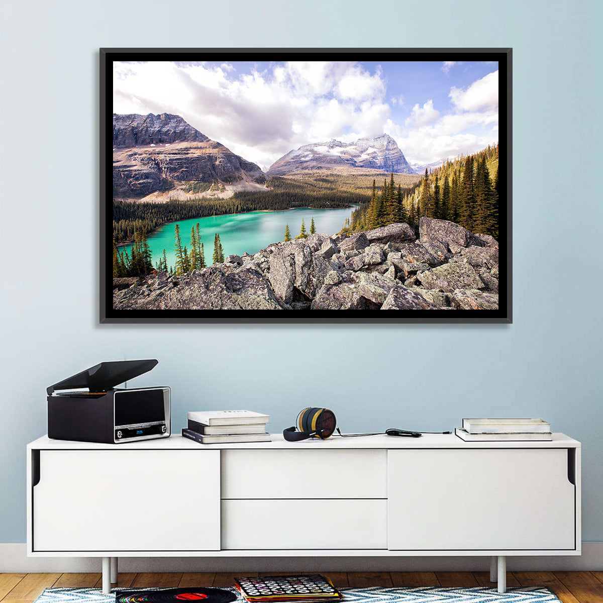 Lake Ohara Rocky Shore Wall Art in a room, landscape