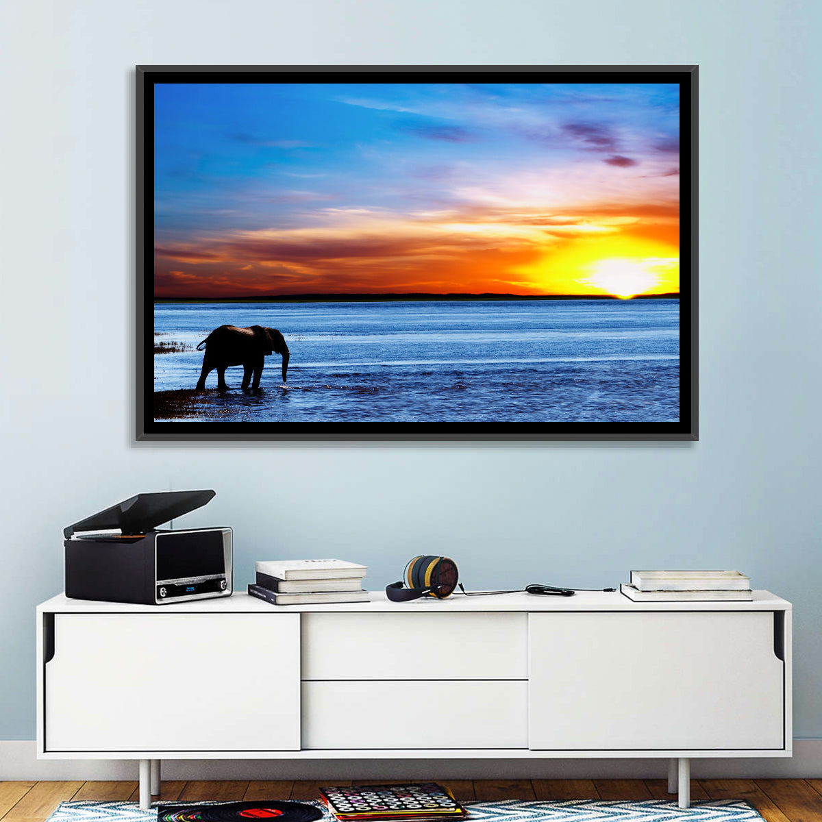 Elephant Silhouette at Beach Sunset Wall Art in a room, landscape