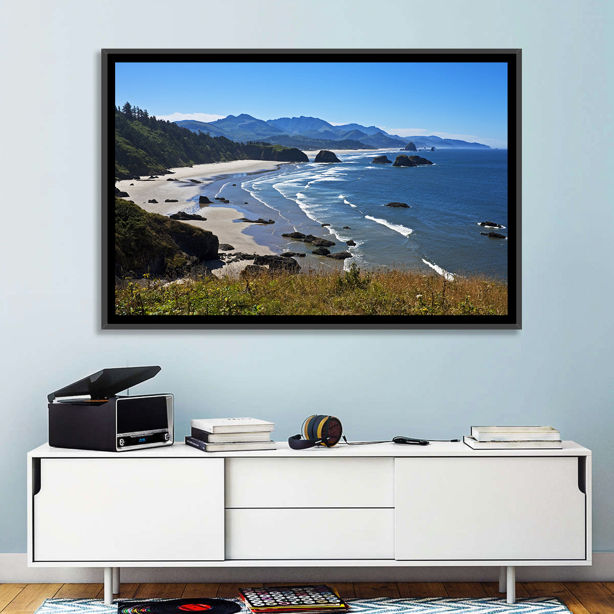 Cannon Beach Morning Shoreline Wall Art in a room, landscape