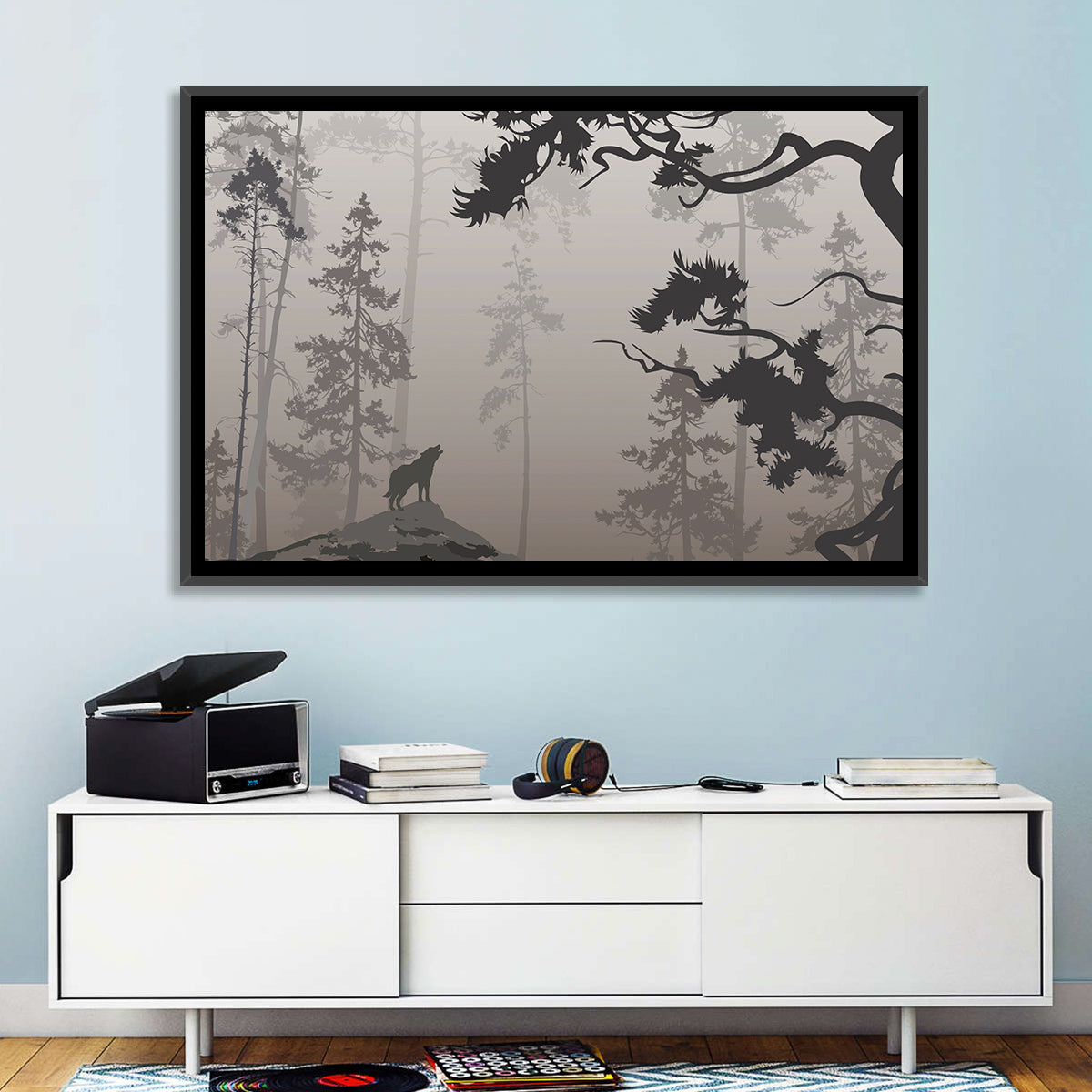 Howling Wolf in Misty Forest Wall Art in a room, landscape