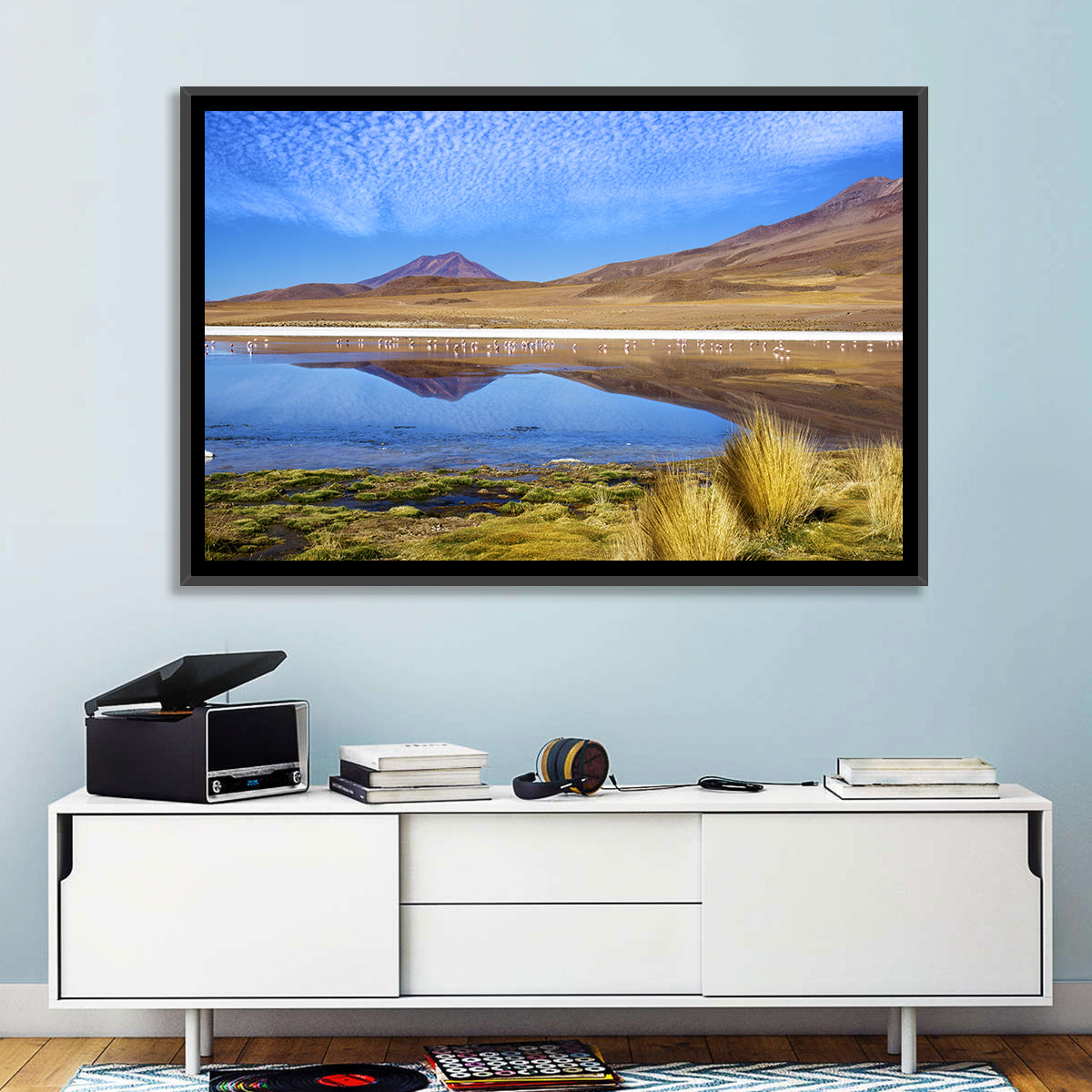Red Lagoon Flamingo Reflection Wall Art in a room, landscape