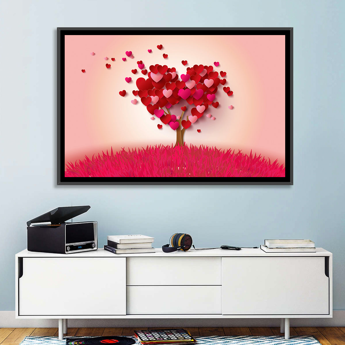Whimsical Heart Tree Illustration Wall Art in a room, landscape