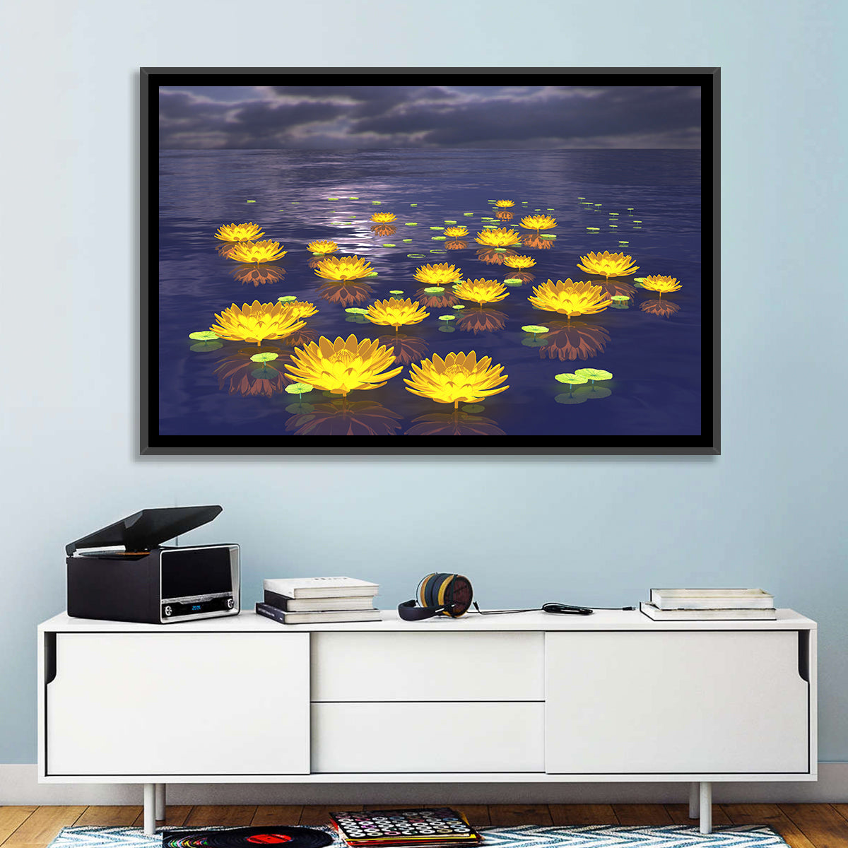 Floating Lotus at Dusk Wall Art in a room, landscape
