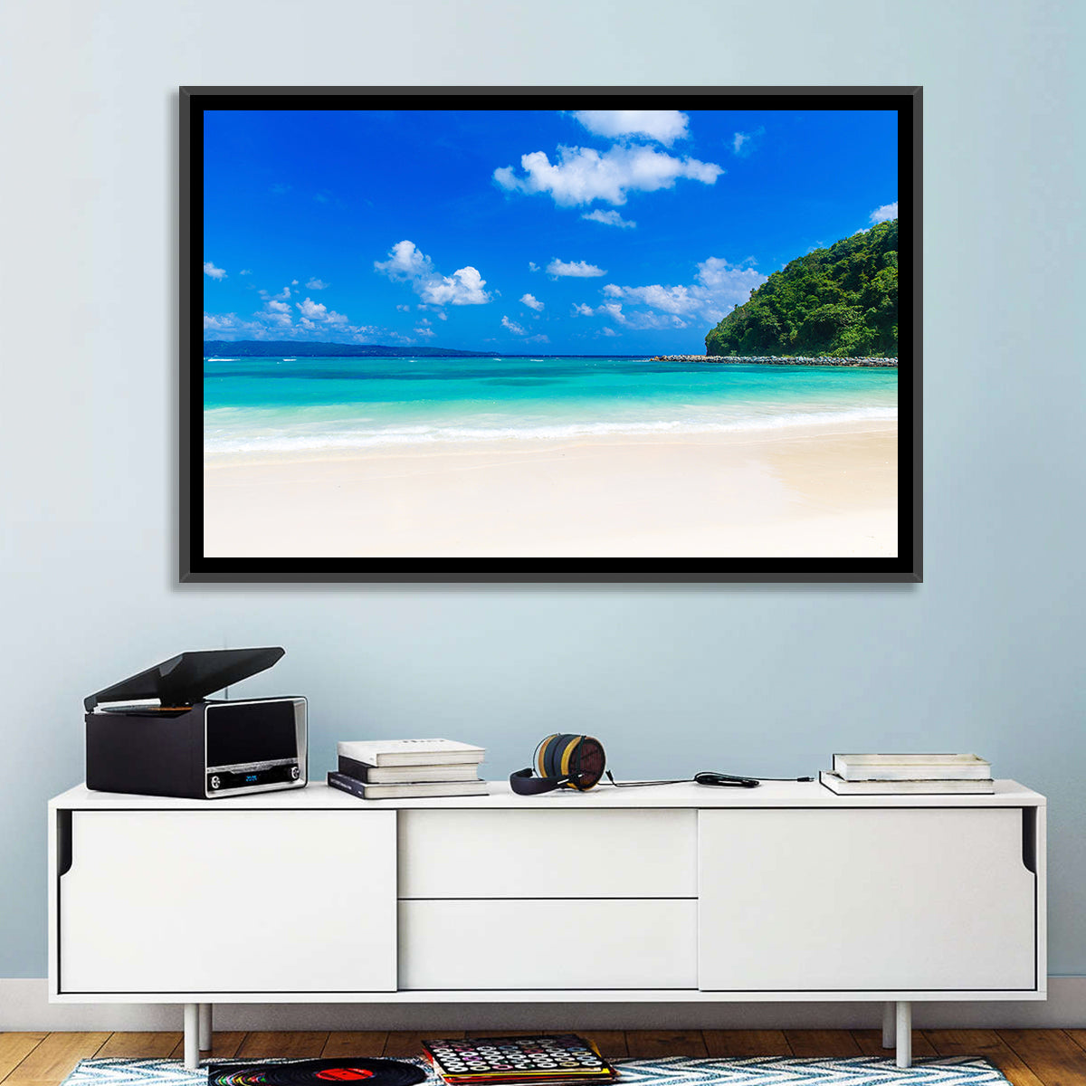 Turquoise Tropical Beach Scene Wall Art in a room, landscape