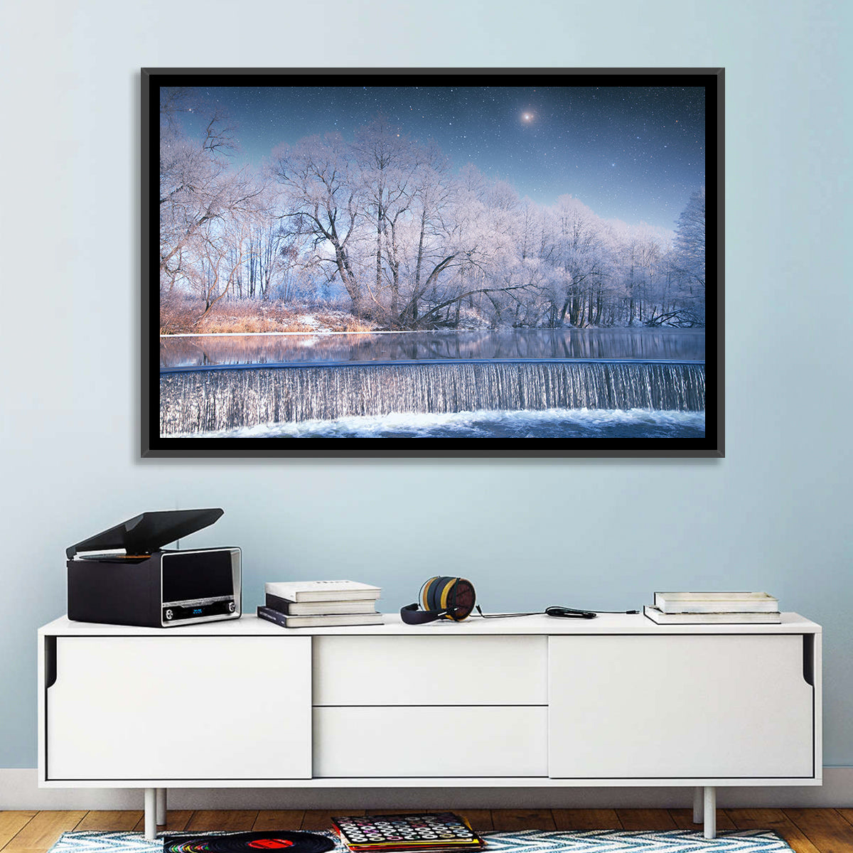 Starlit Winter Waterfall Wall Art in a room, landscape