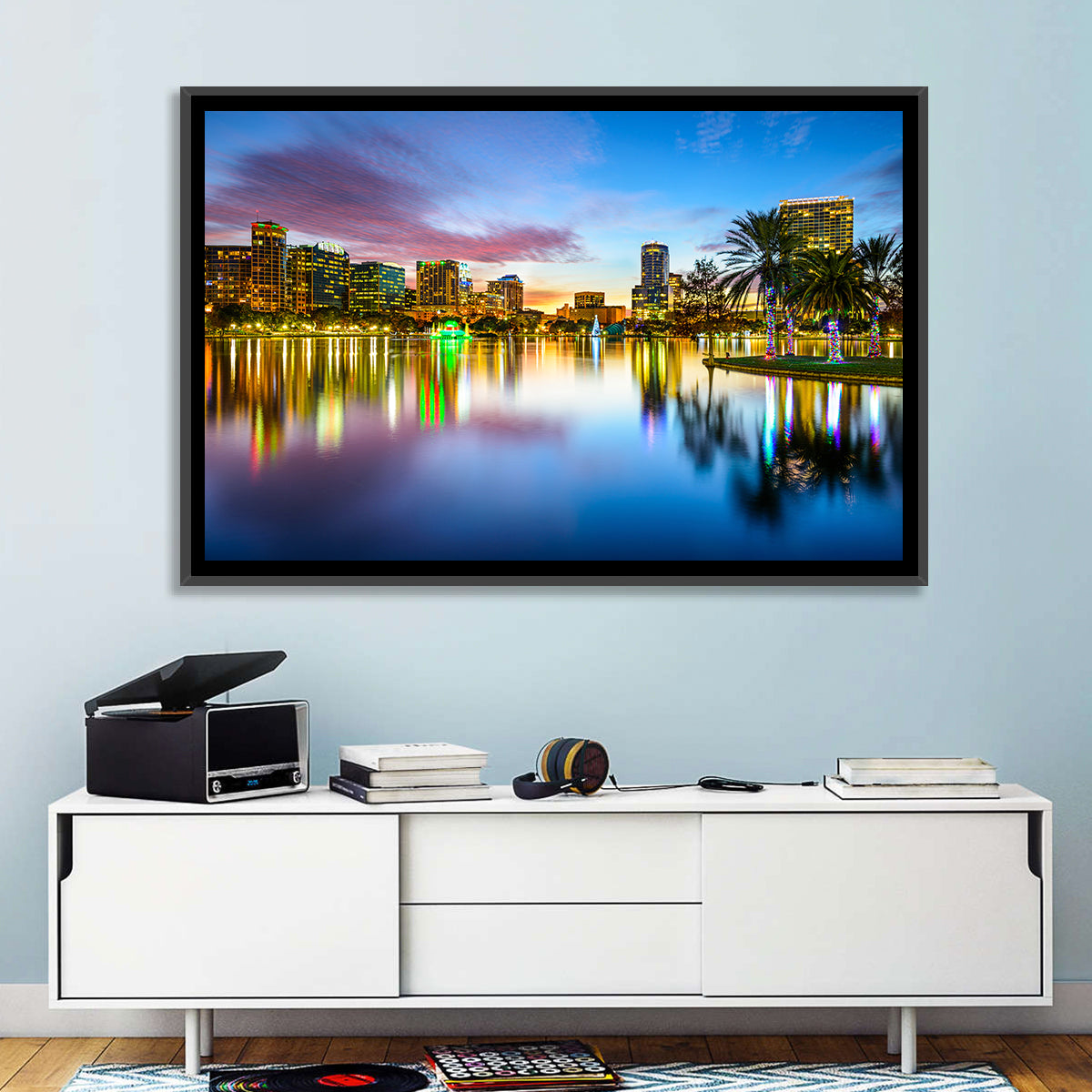 Orlando Lake Eola Skyline Wall Art in a room, landscape
