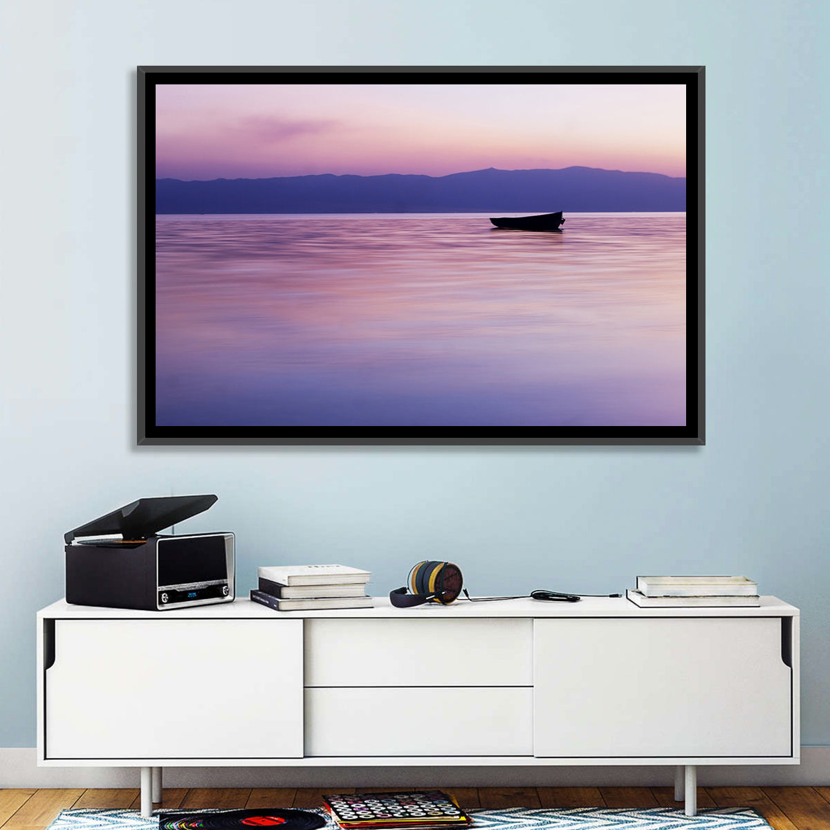 Lavender Lake Ohrid Sunset Wall Art in a room, landscape