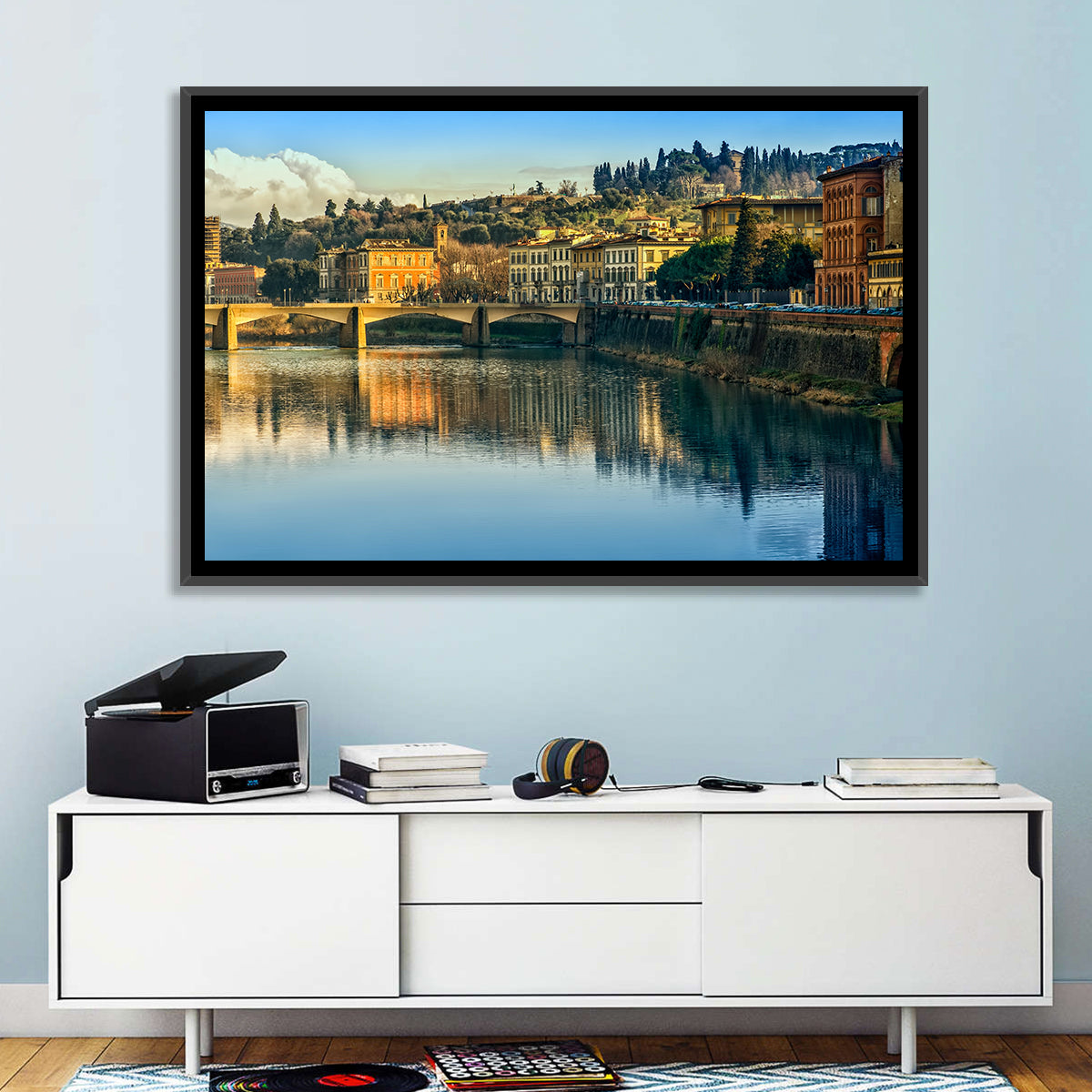 Golden Hour Florence Over the Arno River Wall Art in a room, landscape