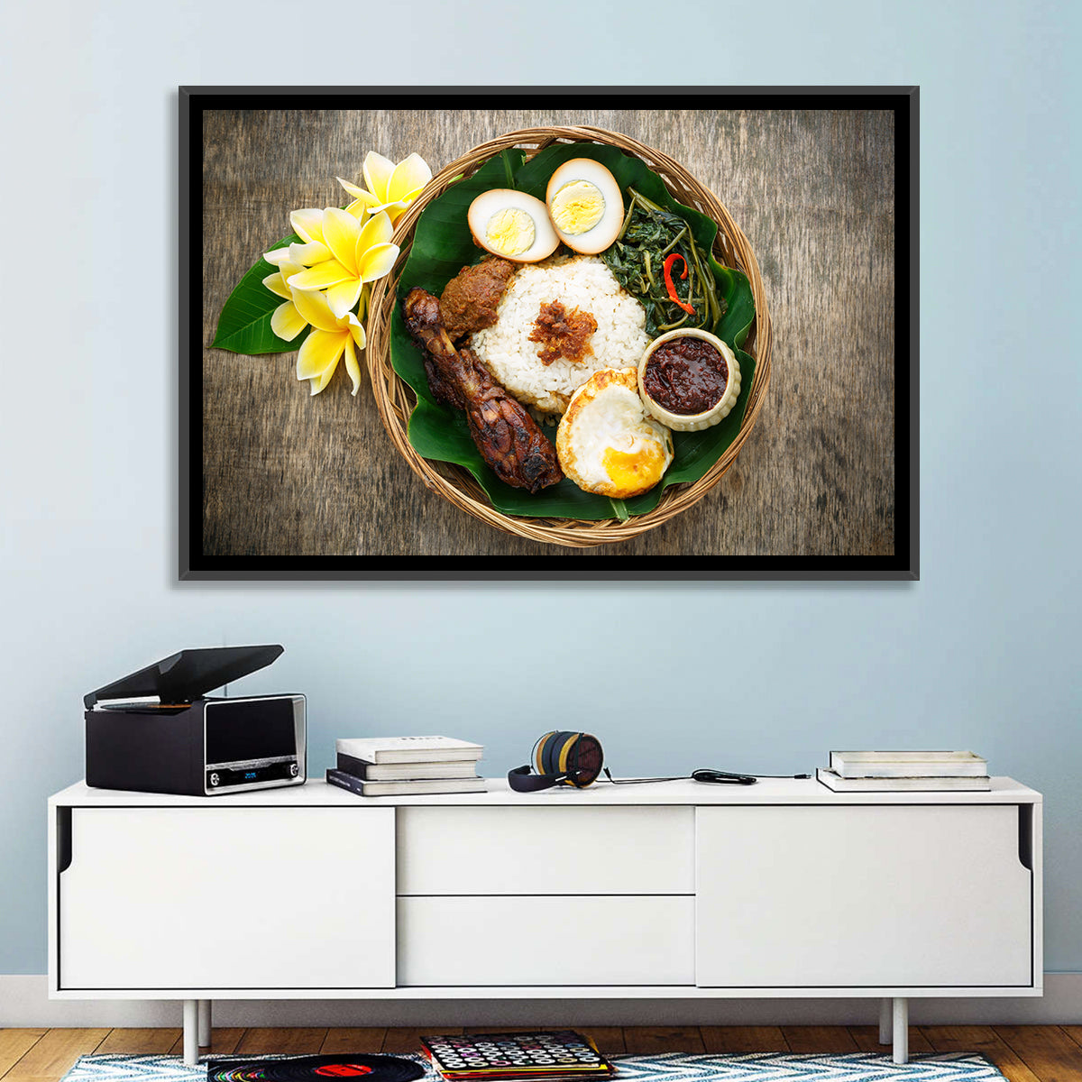 Nasi Campur in Woven Basket Wall Art in a room, landscape