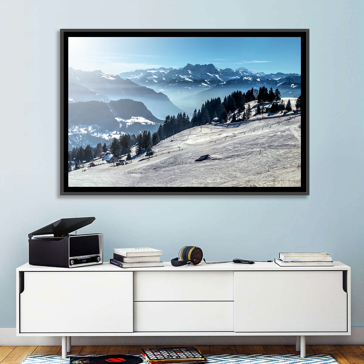 Sunlit Alpine Ski Slope Wall Art in a room, landscape
