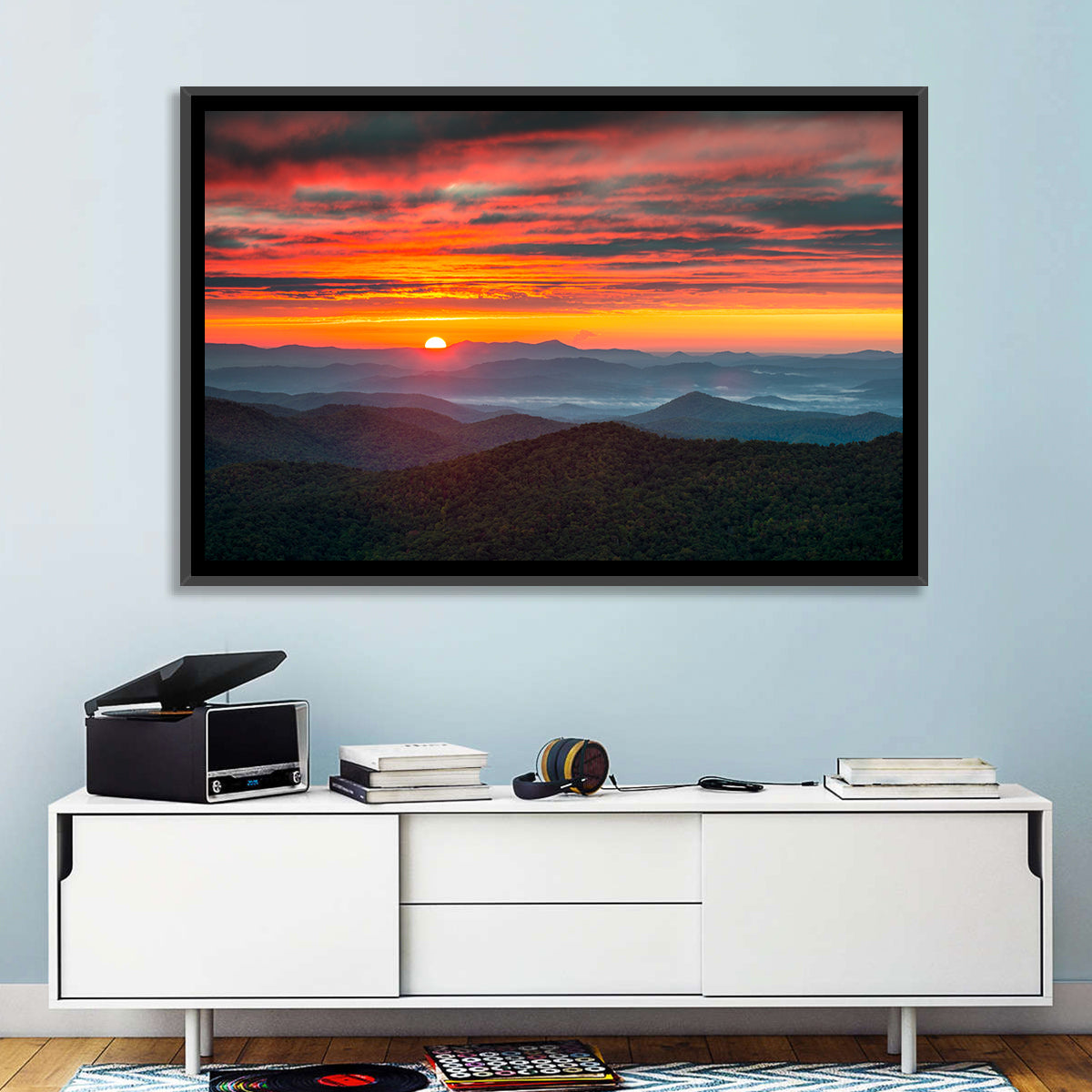 Blue Ridge Sunrise Over Misty Ridges Wall Art in a room, landscape