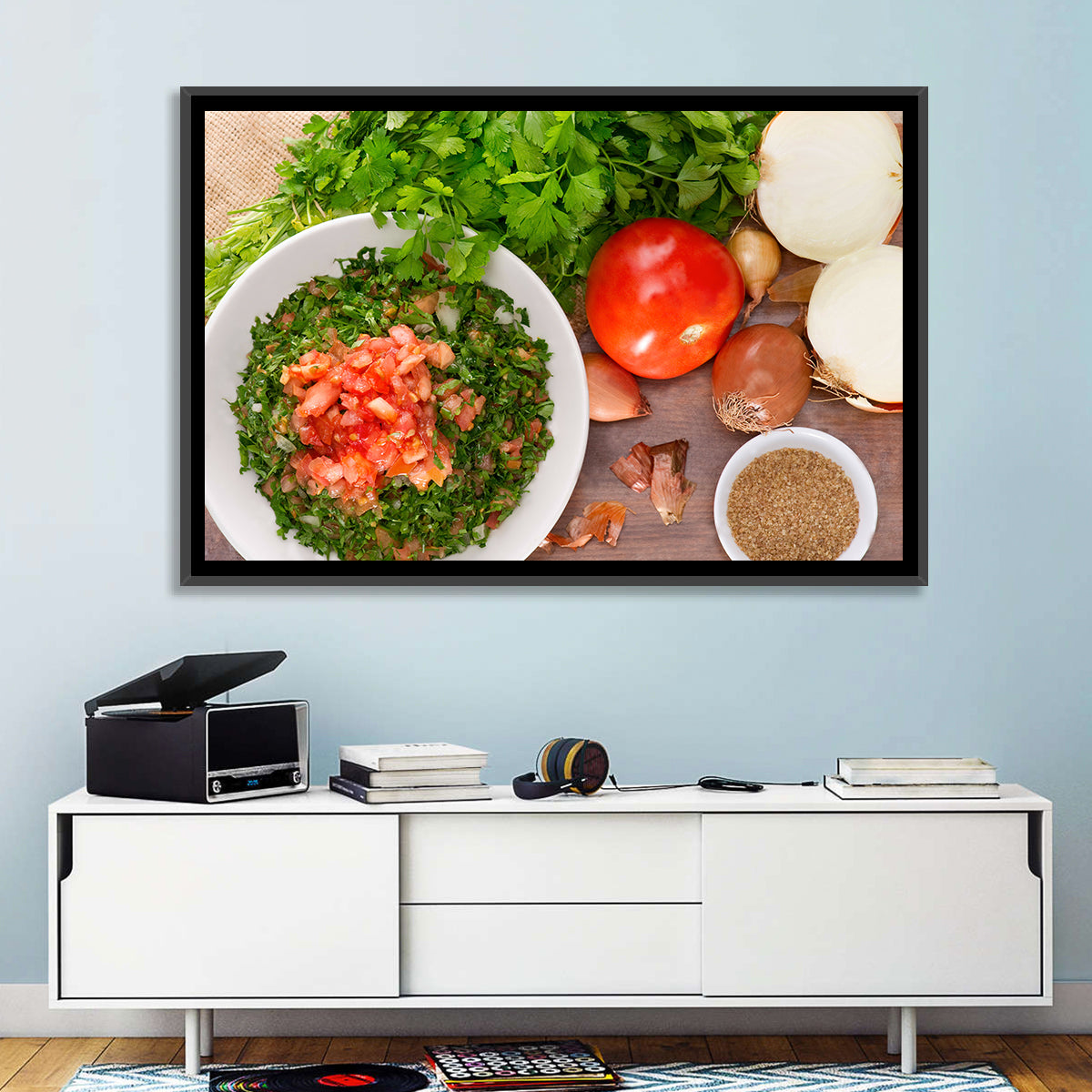 Top-down Tabbouleh Salad Wall Art in a room, landscape