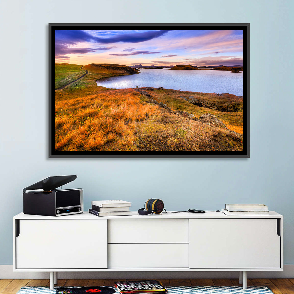 Sunset Over Lake Myvatn Wall Art in a room, landscape