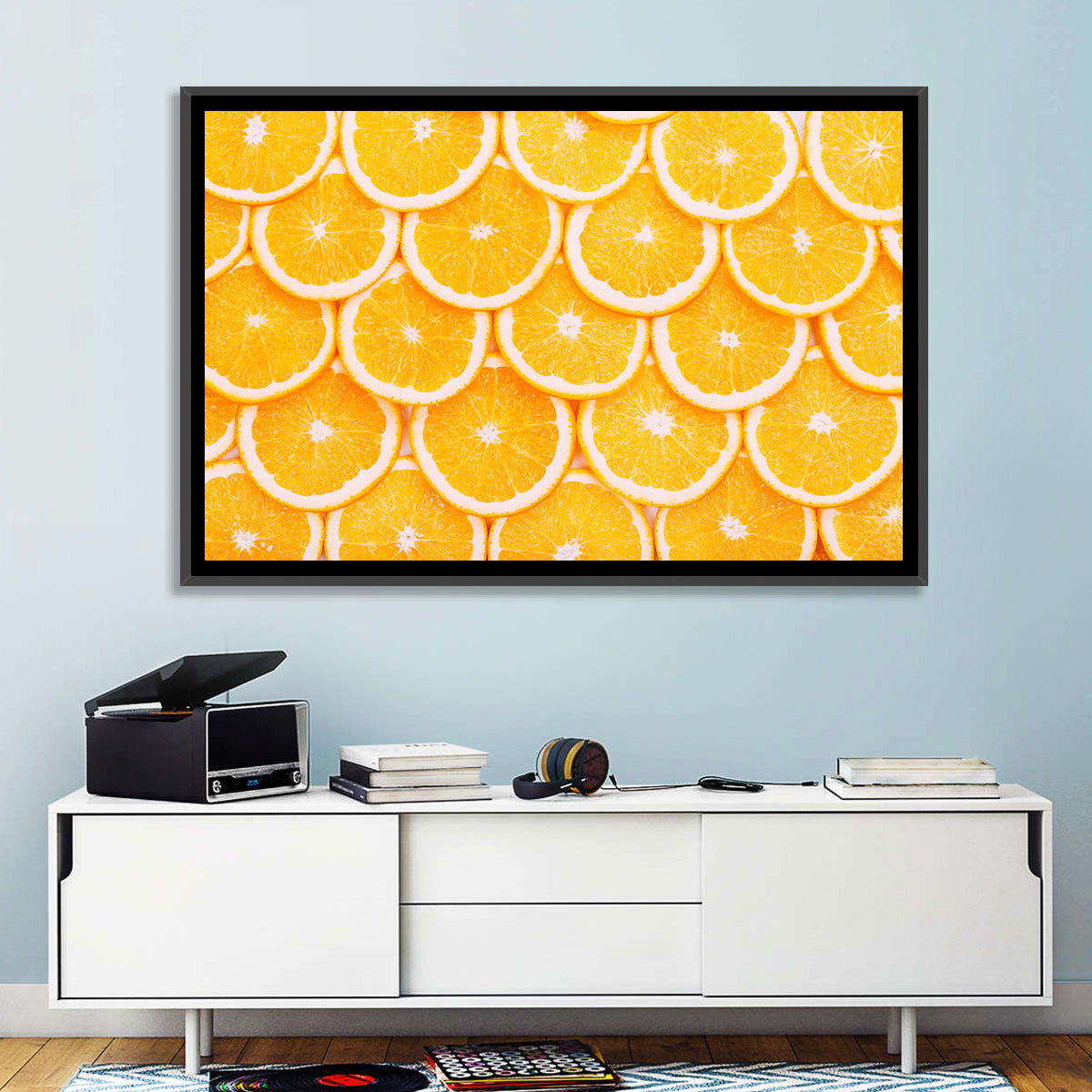 Orange Slice Grid Pattern Wall Art in a room, landscape