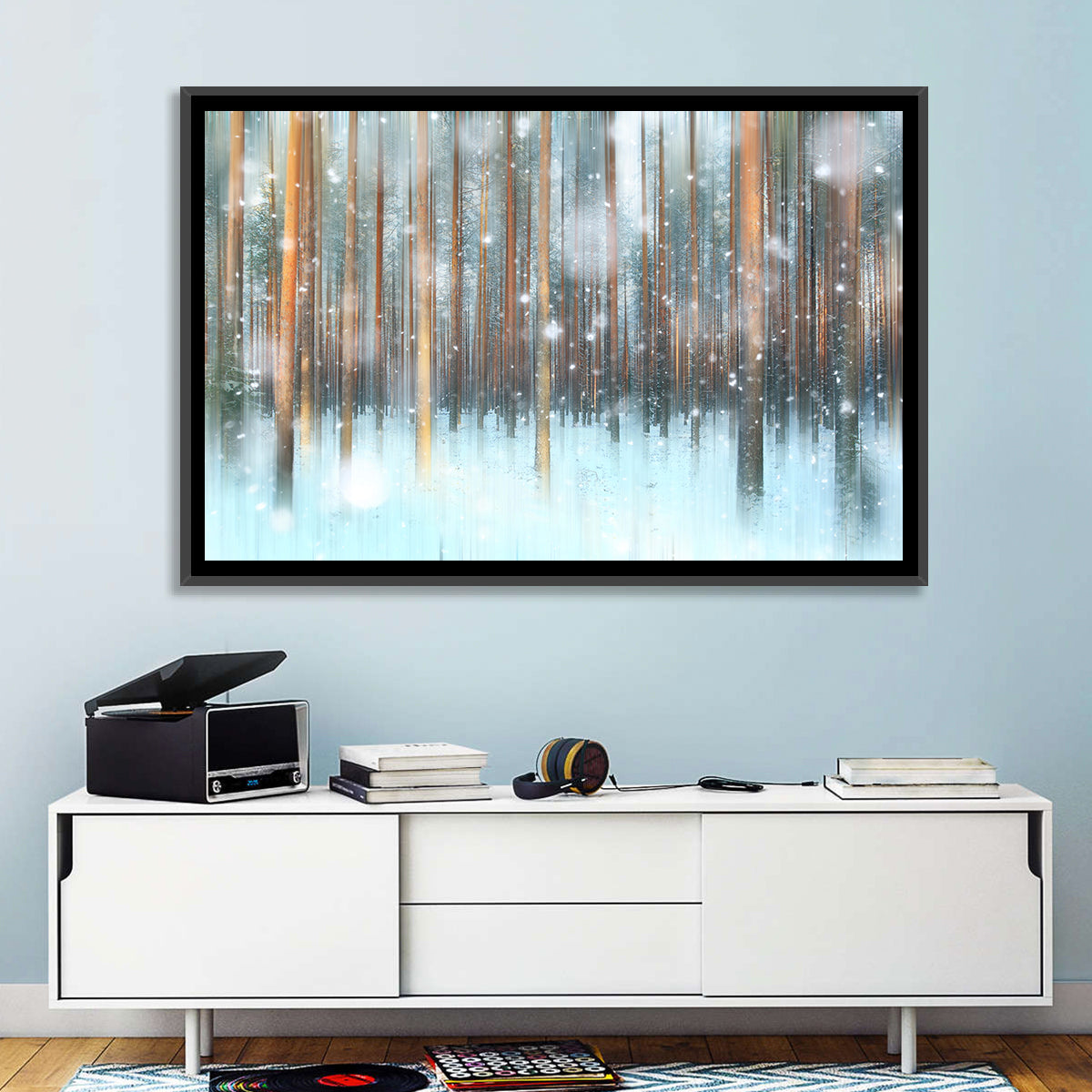 Ethereal Snowy Pine Forest Wall Art in a room, landscape