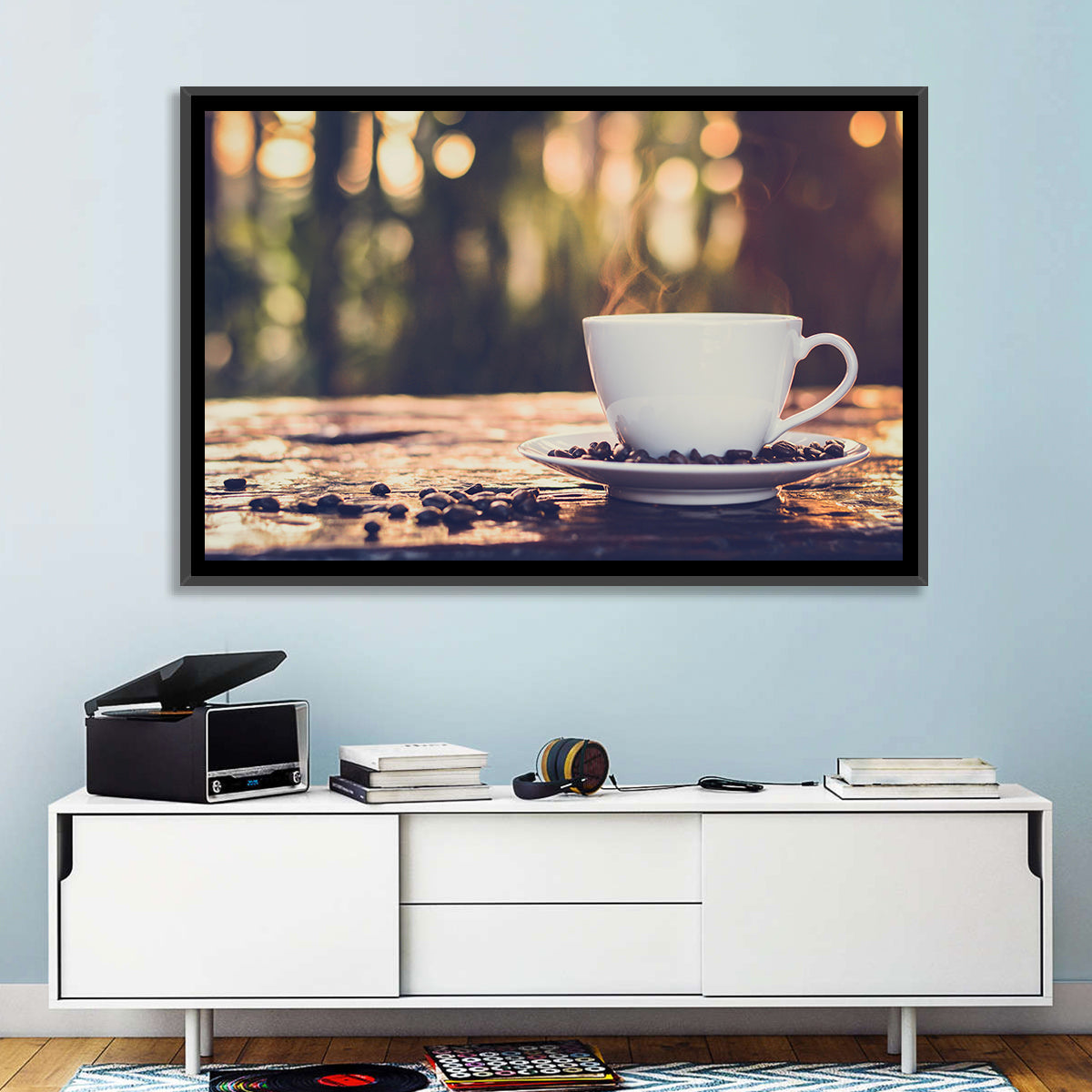 Steaming White Coffee Cup Wall Art in a room, landscape