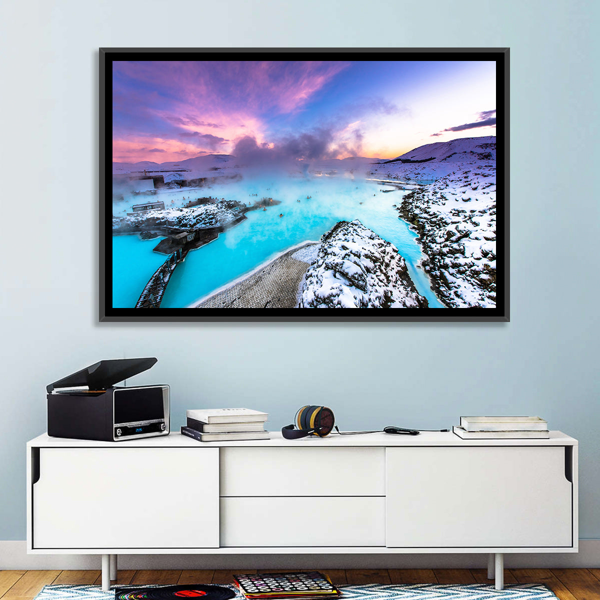 Blue Lagoon Grindavík Sunrise Wall Art in a room, landscape