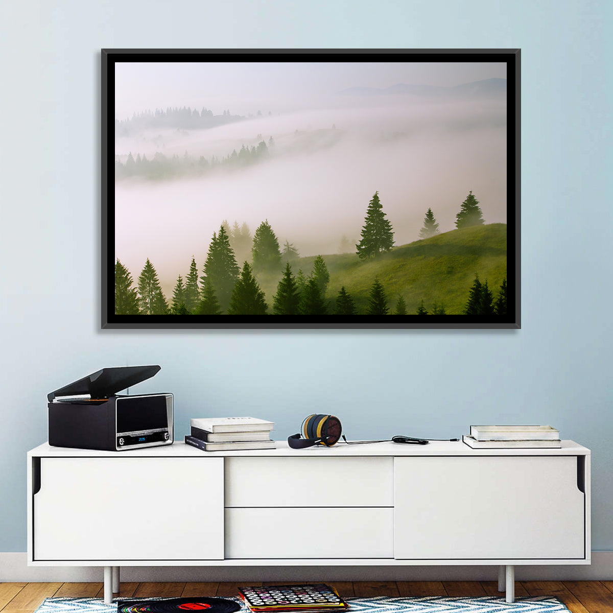 Summer Mist Over Green Hills Wall Art in a room, landscape