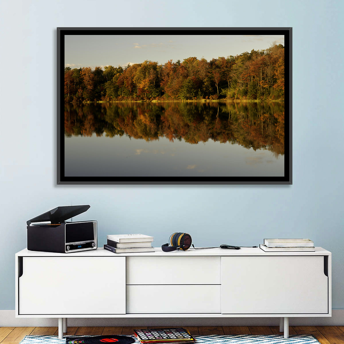 Lake Jean Reflection Wall Art in a room, landscape