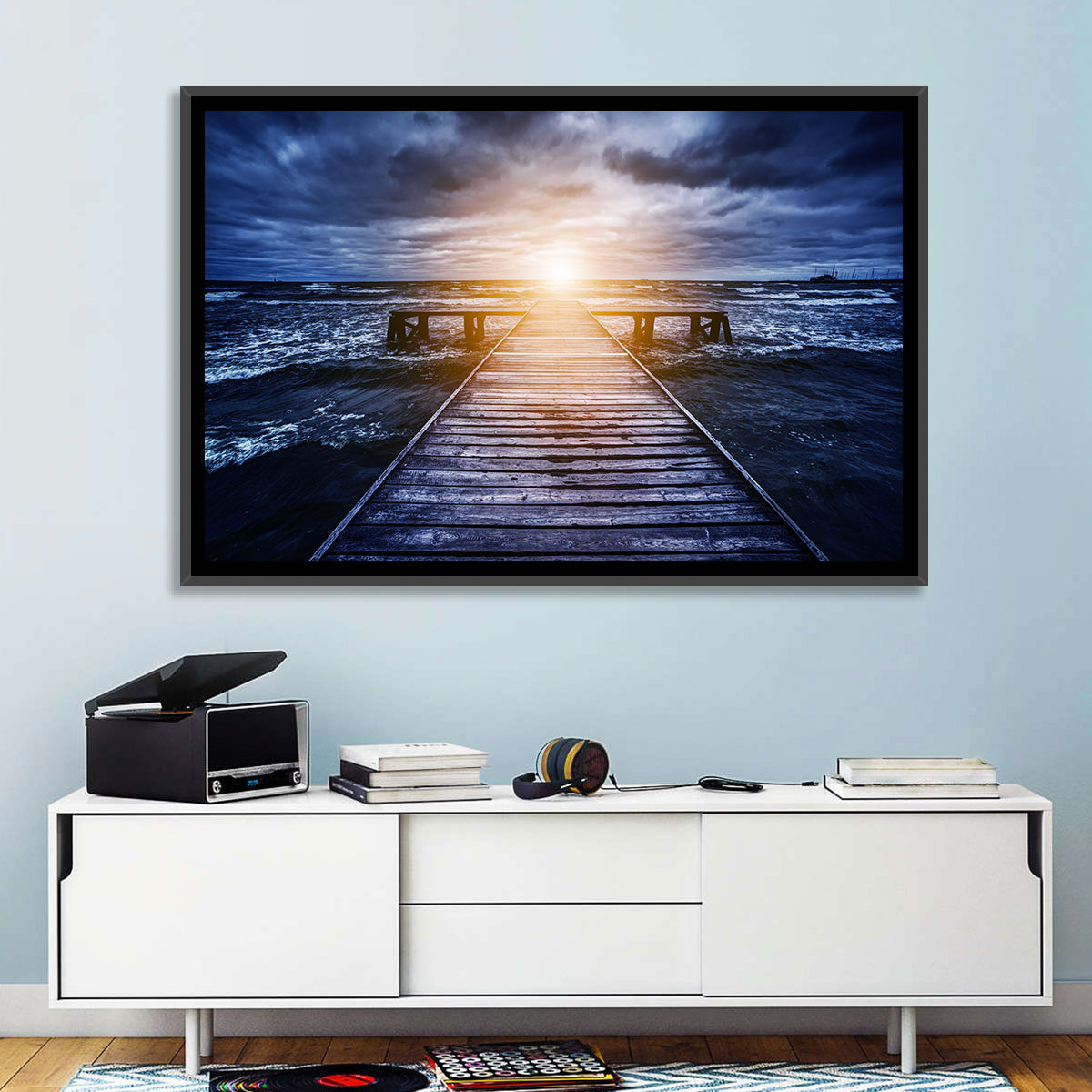 Sunlit Wooden Jetty at Dusk Wall Art in a room, landscape
