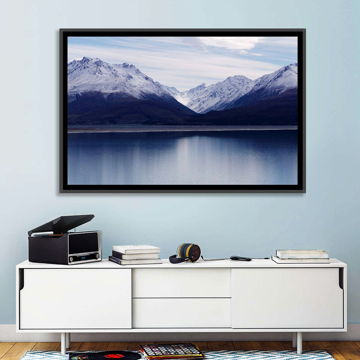 Lake Pukaki Reflection Wall Art in a room, landscape