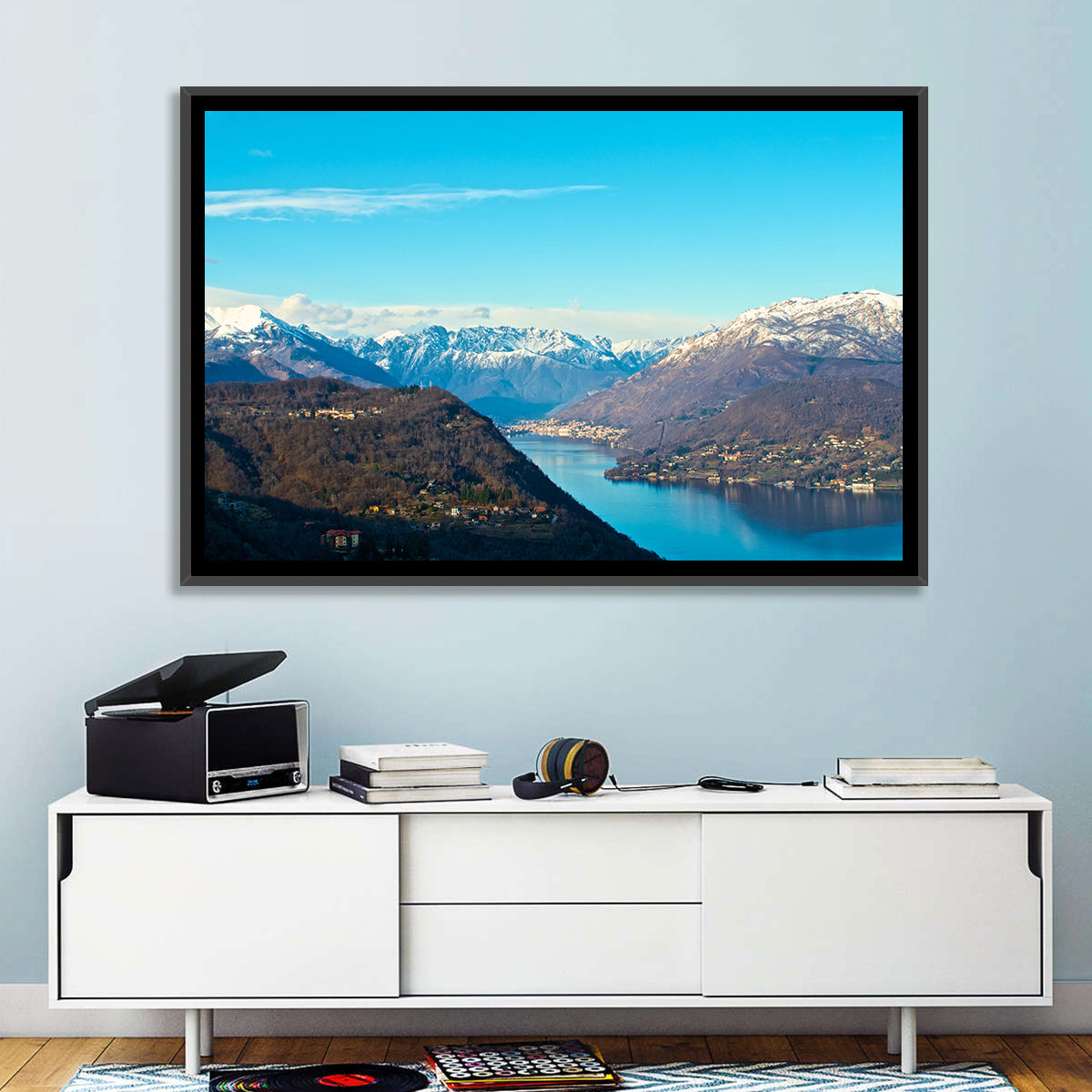 Lake Orta Mountain Reflection Wall Art in a room, landscape