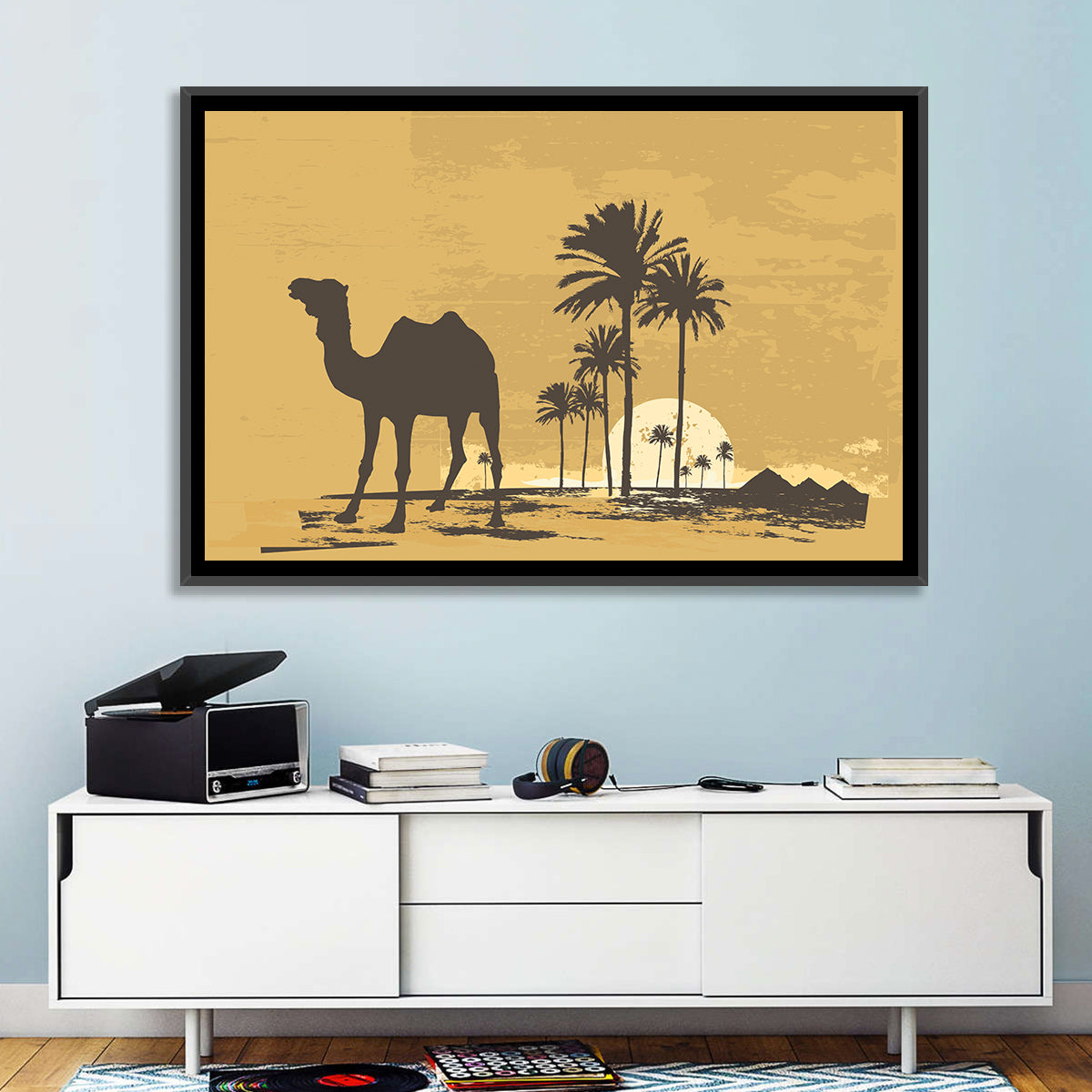 Giza Camel Silhouette Wall Art in a room, landscape