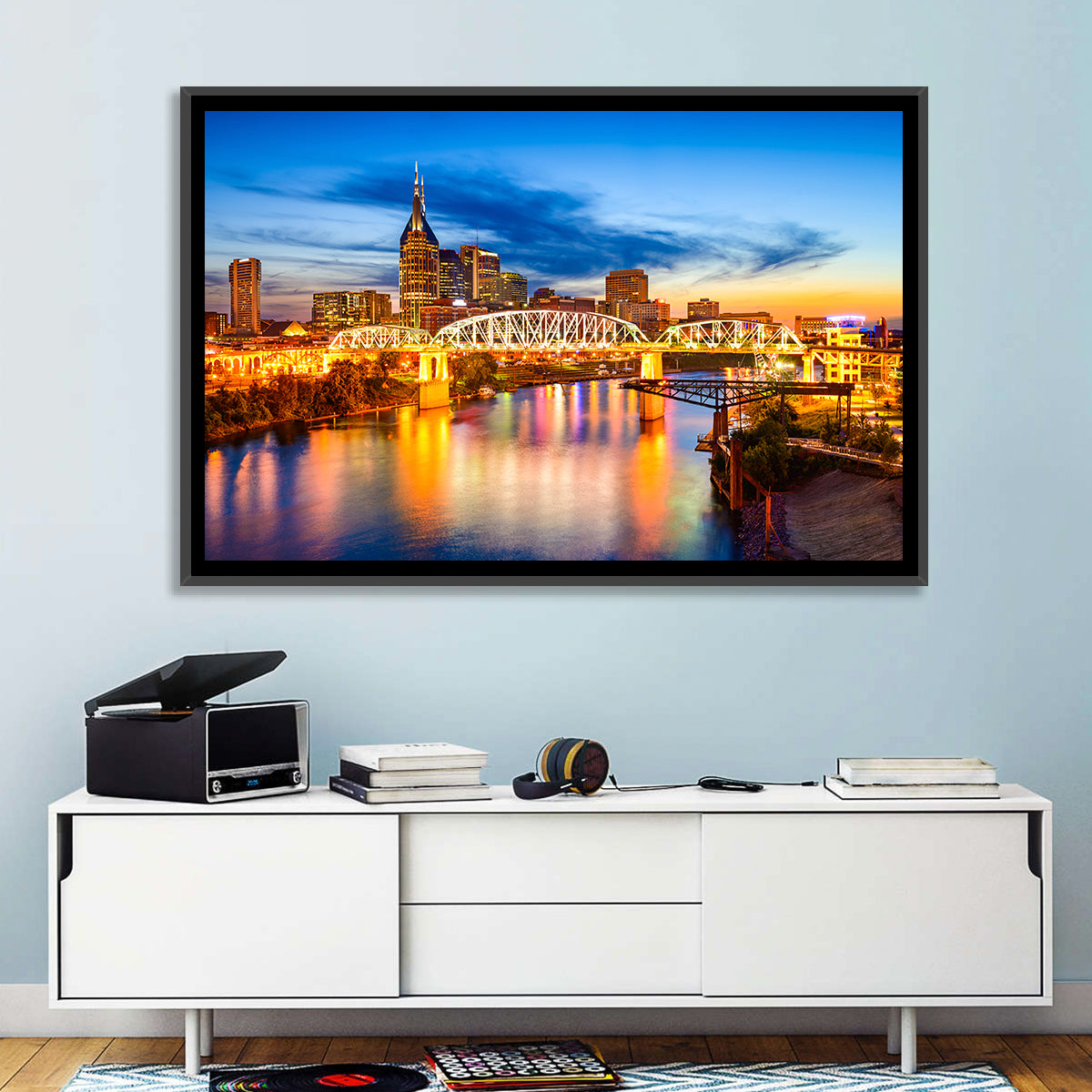 Nashville Skyline at Twilight Bridge Reflections Wall Art in a room, landscape