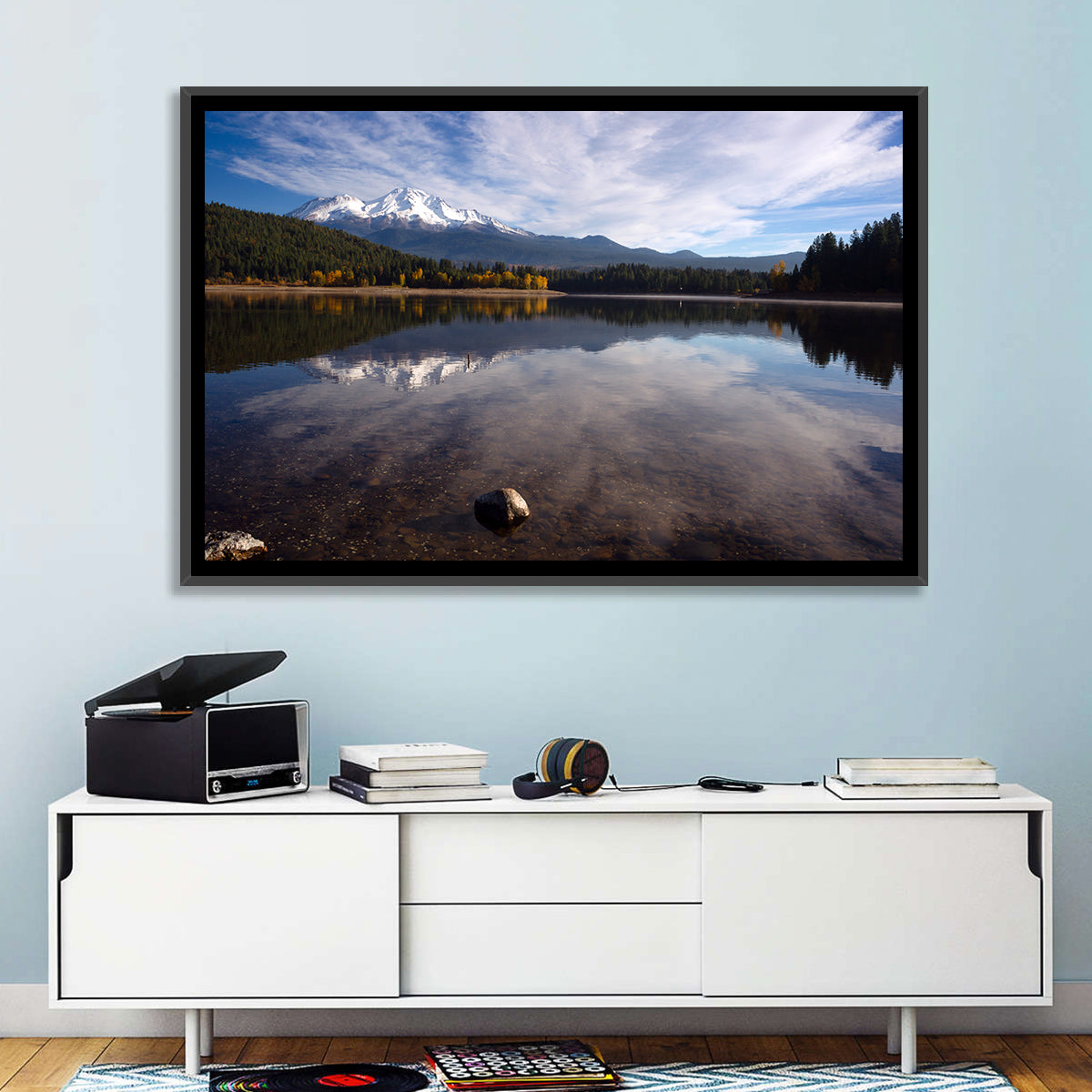 Mount Shasta Reflection at Lake Siskiyou Wall Art in a room, landscape