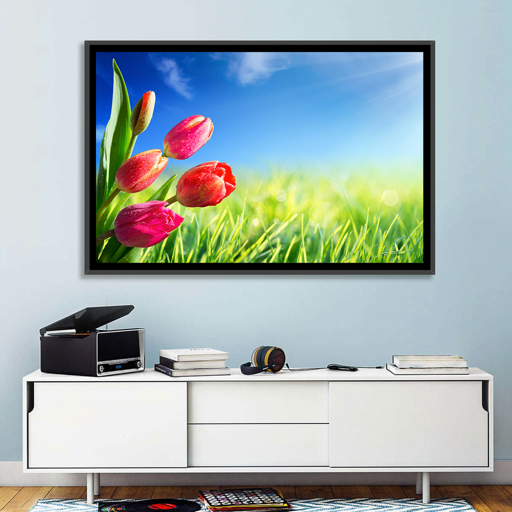 Dewy Red Tulips Under Blue Sky Wall Art