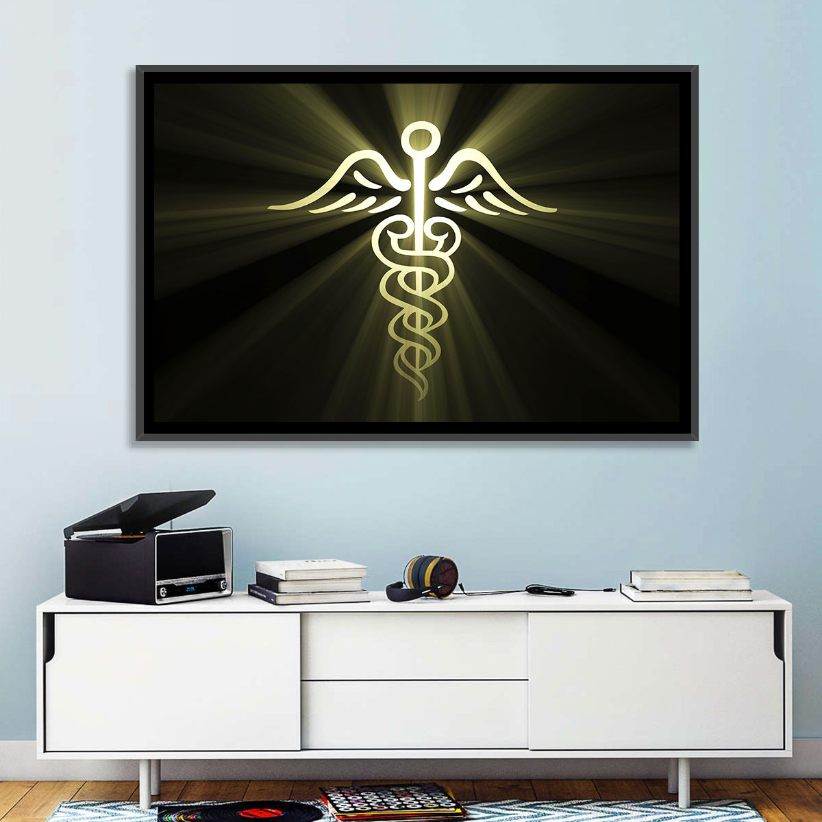 Medical Corps Caduceus Emblem Wall Art in a room, landscape