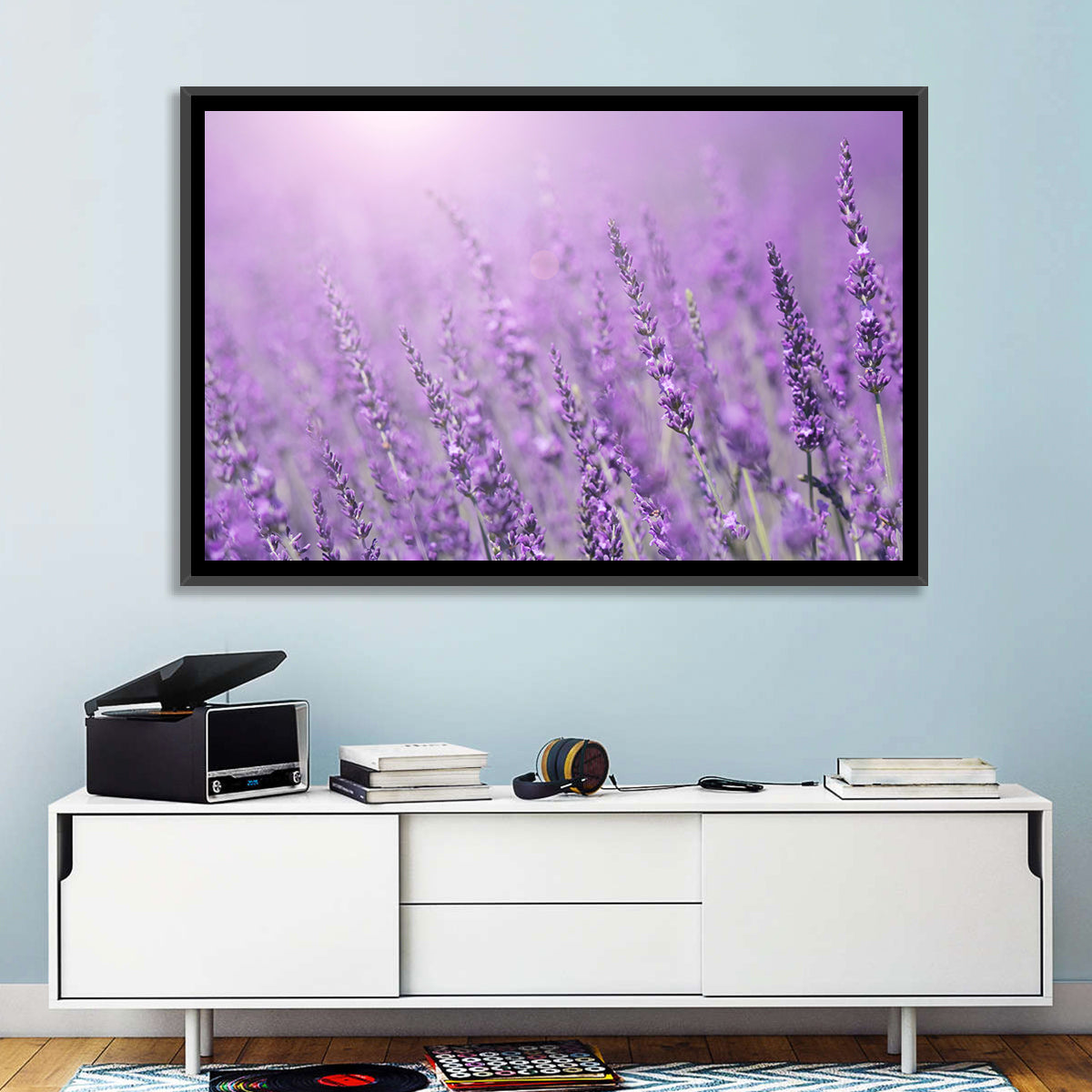 Sunlit Lavender Field Wall Art in a room, landscape