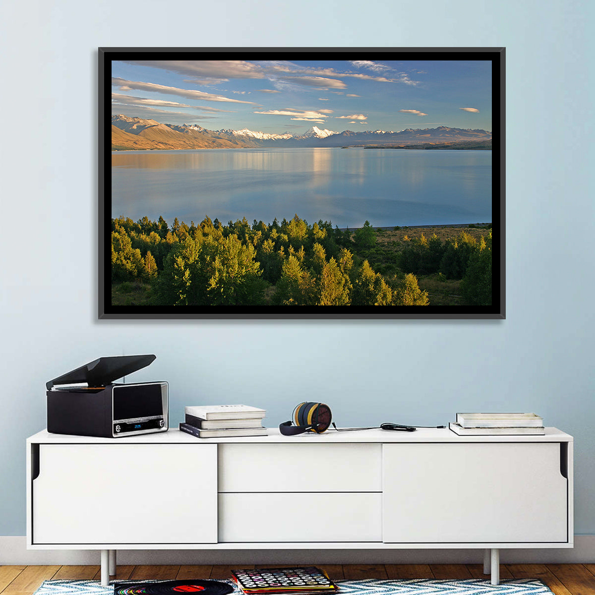Lake Pukaki Reflections with Mount Cook Wall Art in a room, landscape