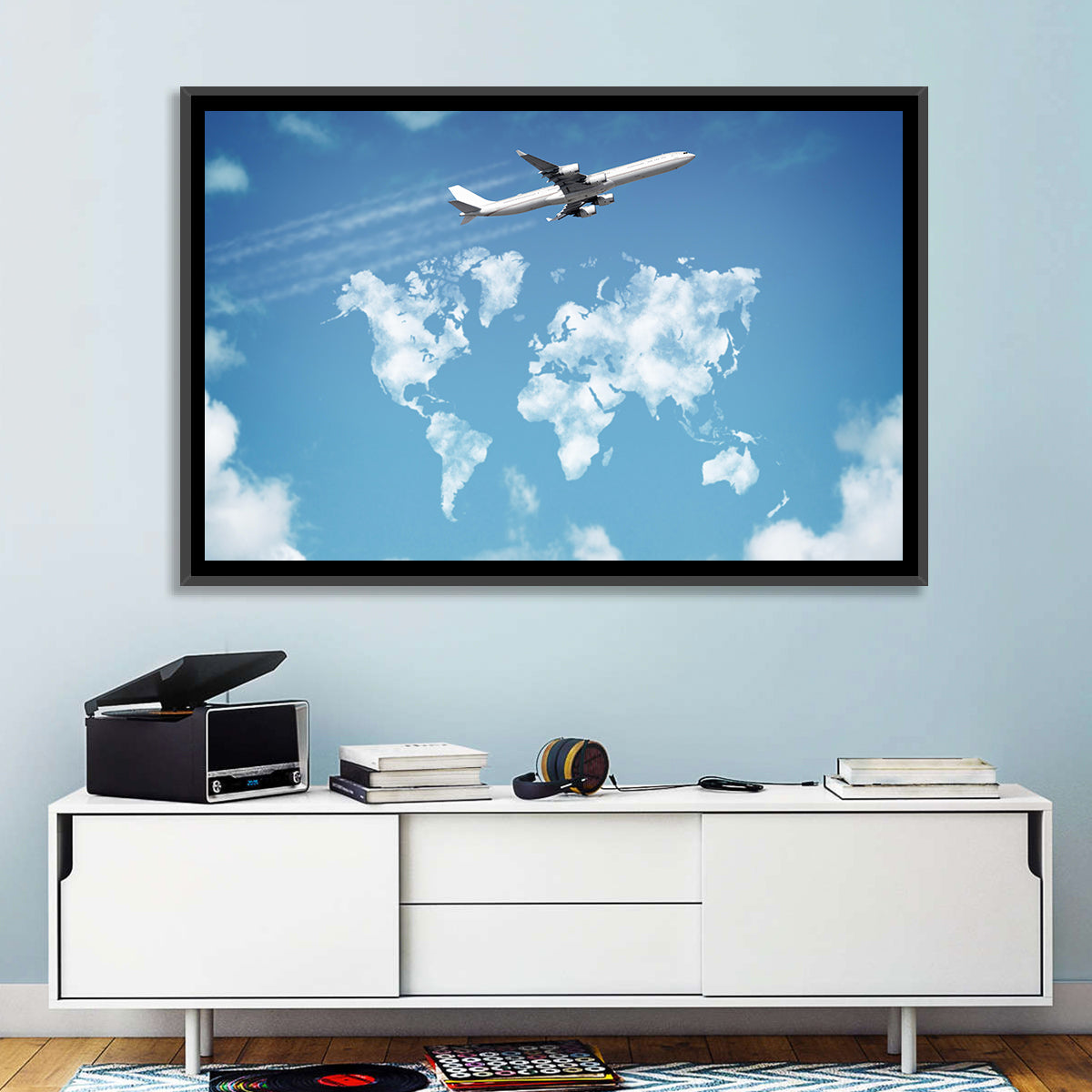 Jet Over Cloud World Map Wall Art