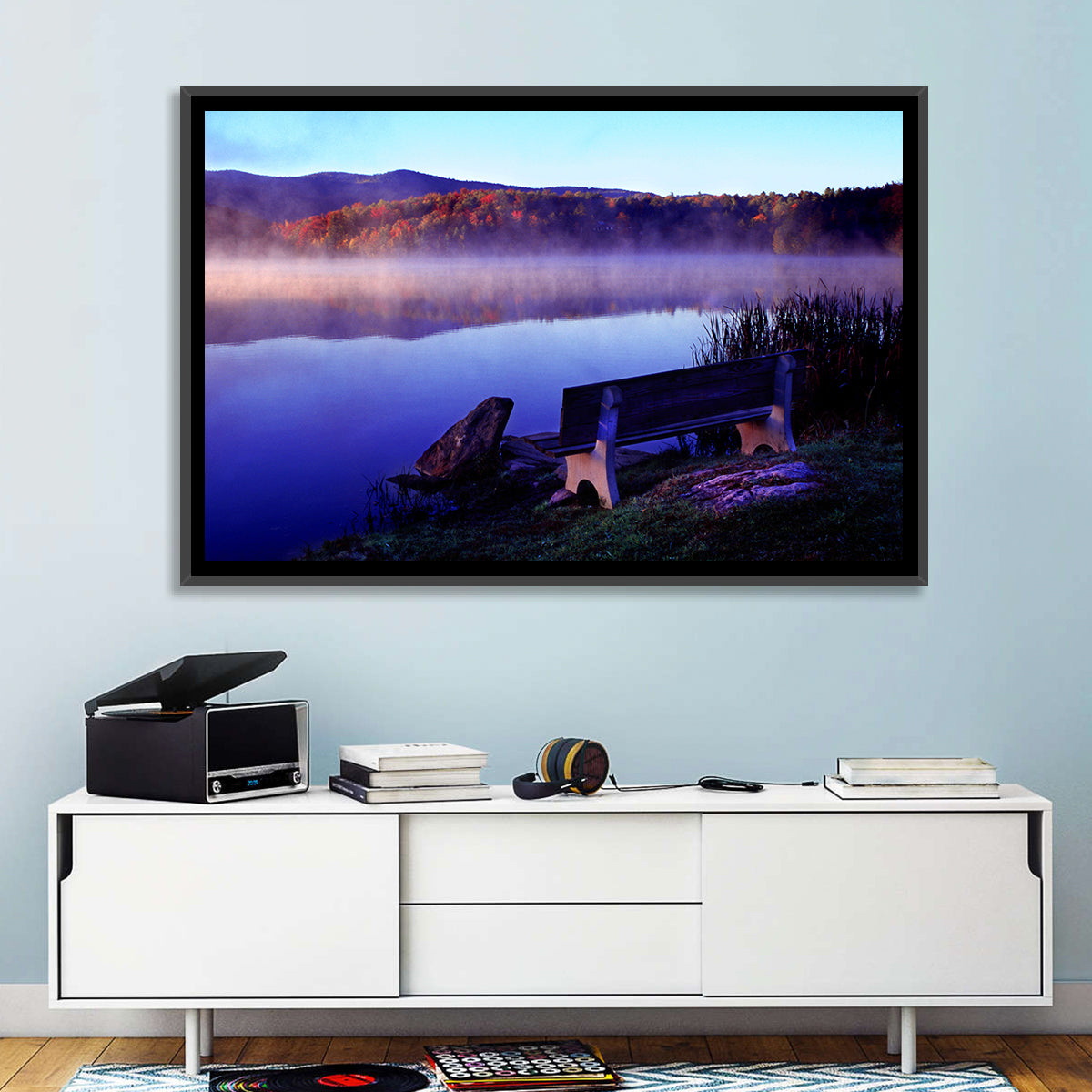 Bench at Misty Lake Sunrise Wall Art in a room, landscape