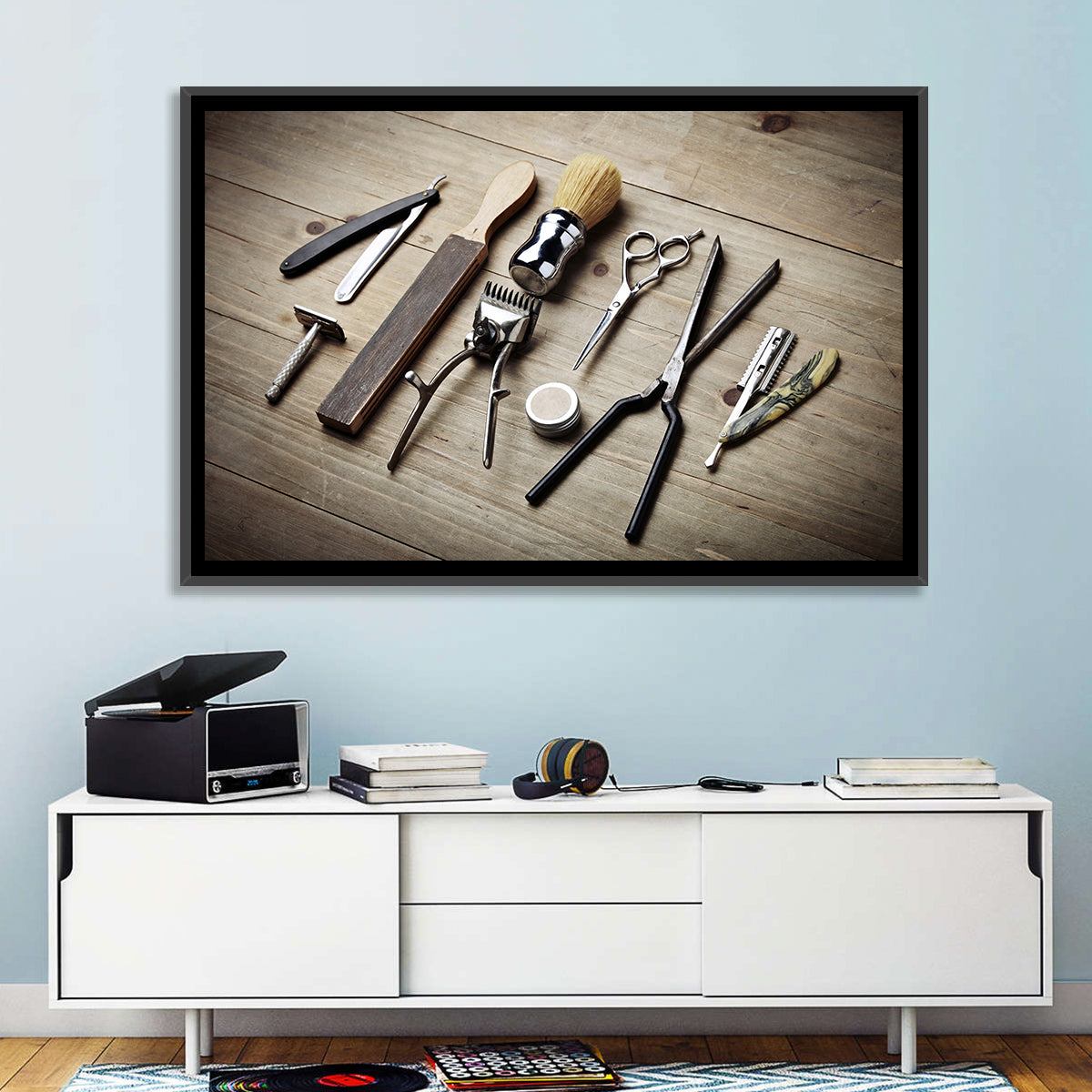 Vintage Barber Tools on Wooden Workbench Wall Art in a room, landscape