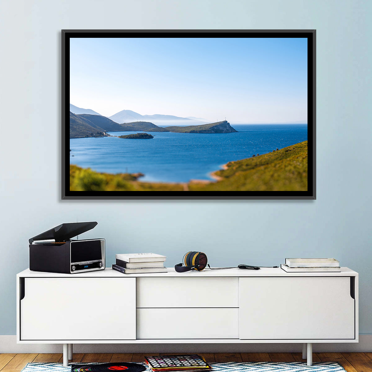 Coastal Cliffs and Lighthouse Bay Wall Art in a room, landscape