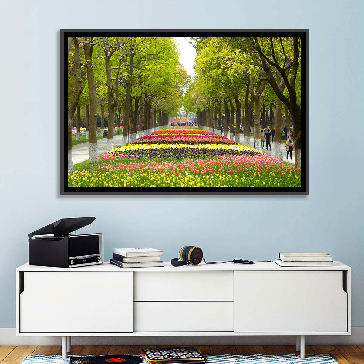Tree-lined Tulip Garden Path Wall Art in a room, landscape