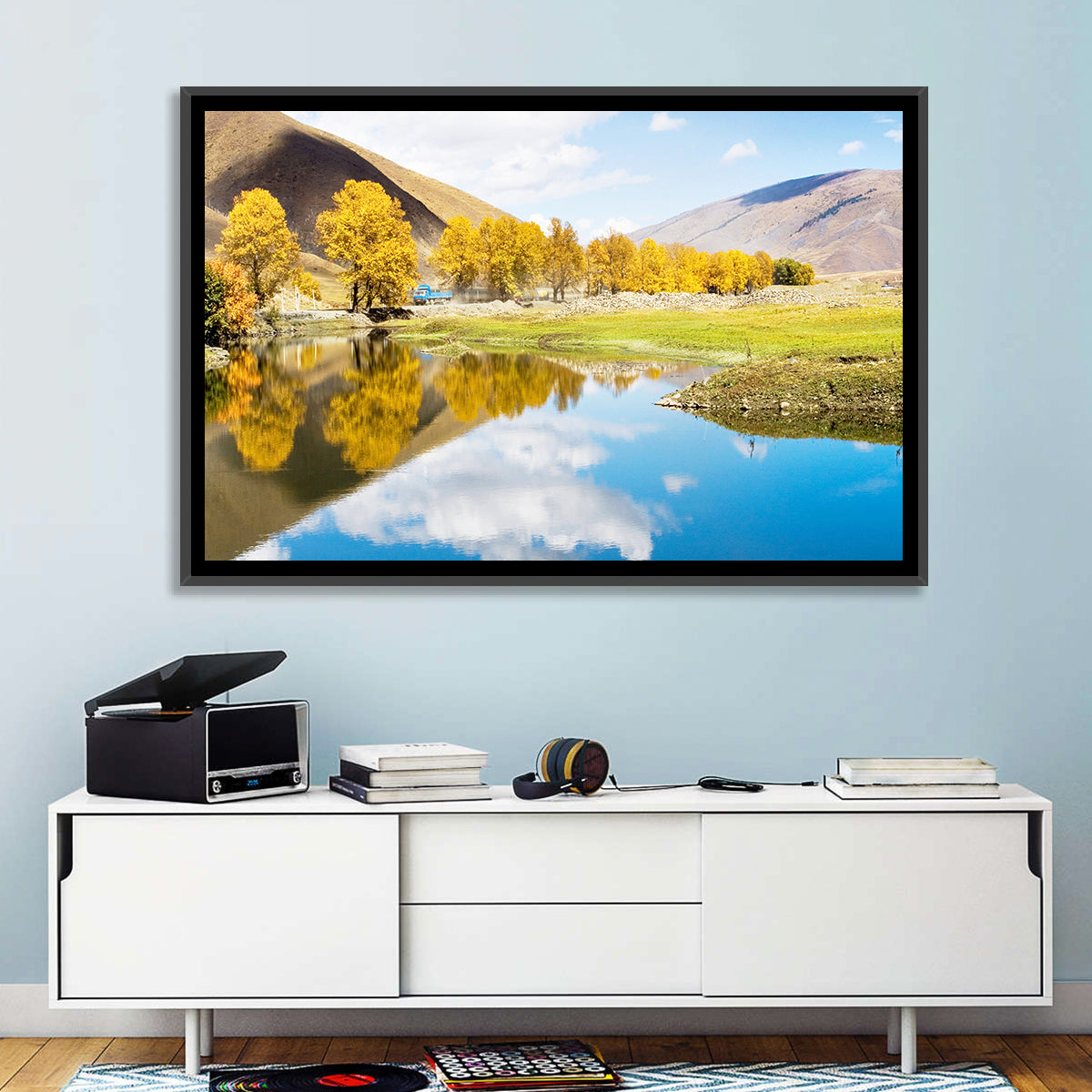 Chanxi Autumn Reflection Road Wall Art in a room, landscape