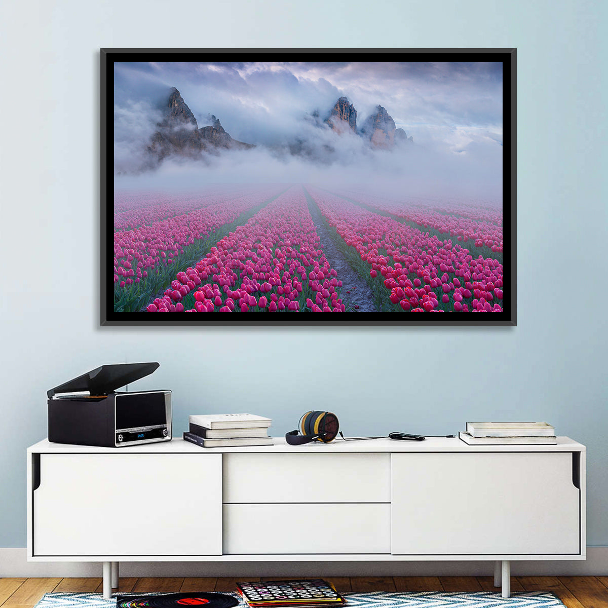 Misty Pink Tulip Field Wall Art in a room, landscape