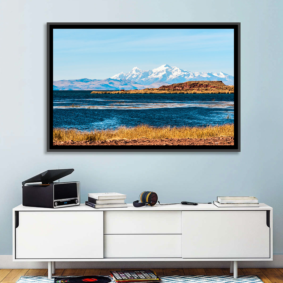 Lake Titicaca Blue and Gold Wall Art in a room, landscape