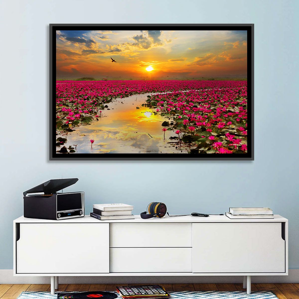 Golden Hour Lotus Field Wall Art in a room, landscape