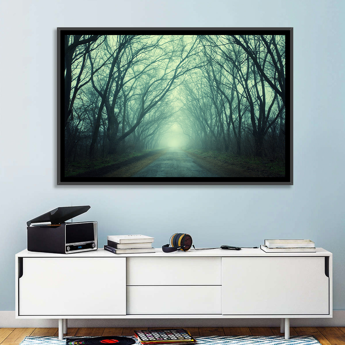 Foggy Forest Pathway Wall Art in a room, landscape