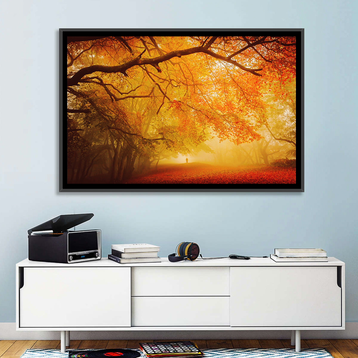 Autumn Forest Path with Lone Figure Wall Art in a room, landscape