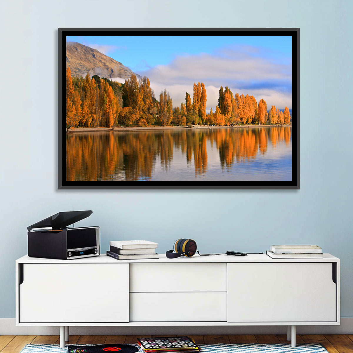 Lake Wanaka Autumn Reflection Wall Art in a room, landscape