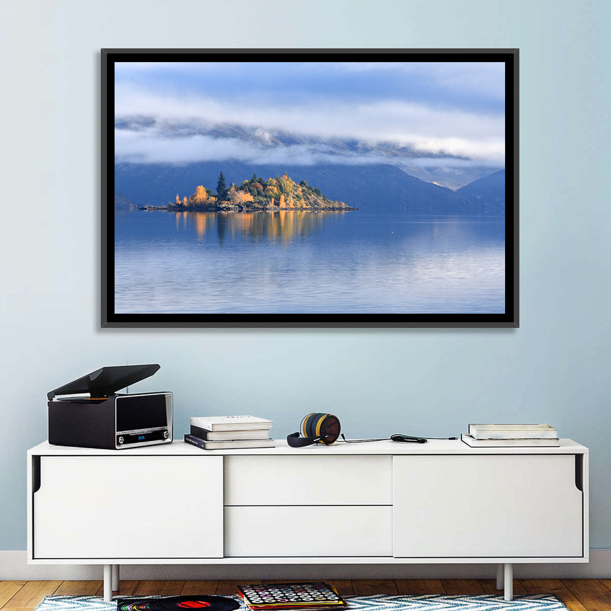 Misty Wanaka Island Reflection Wall Art in a room, landscape