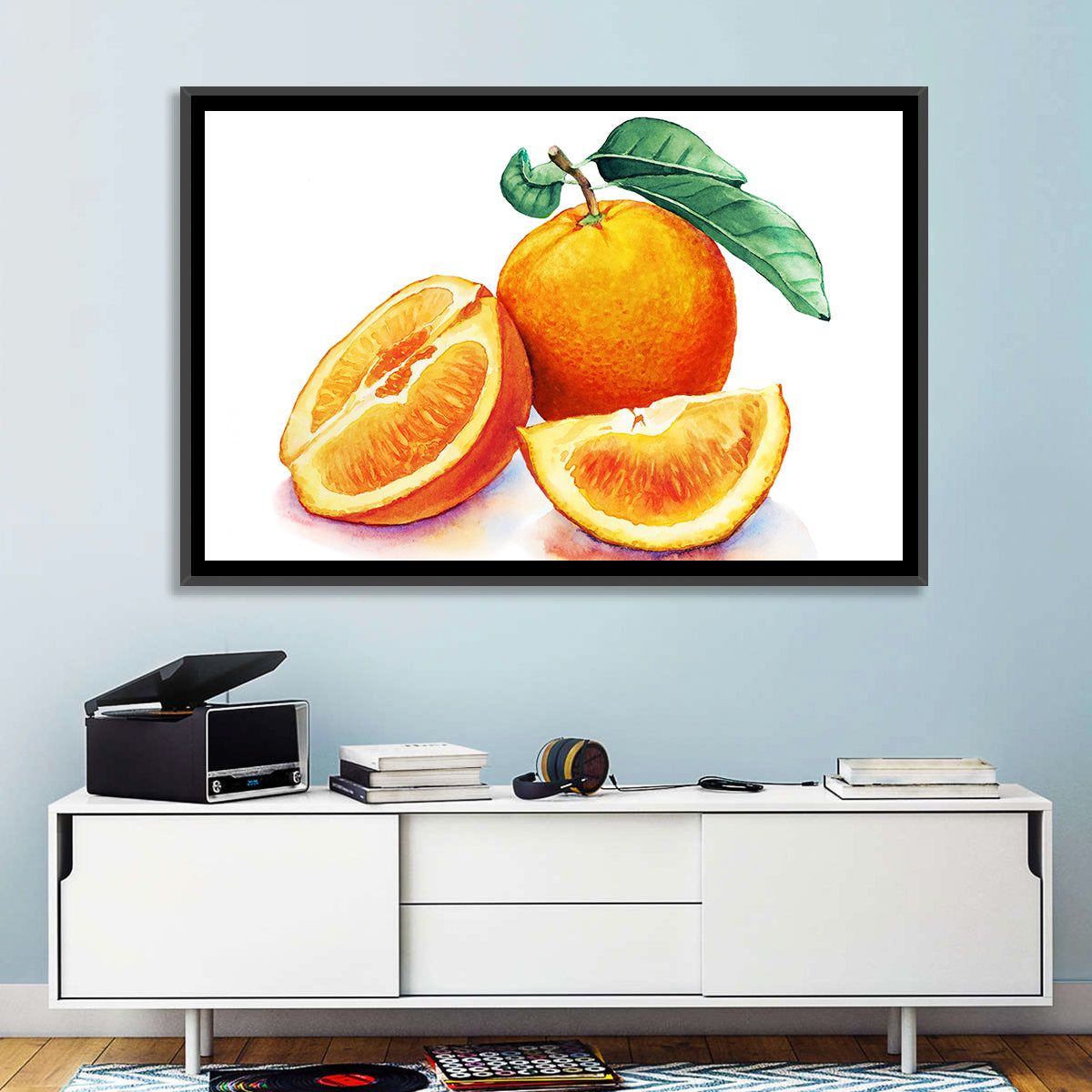 Watercolor Orange Still Life Wall Art in a room, landscape