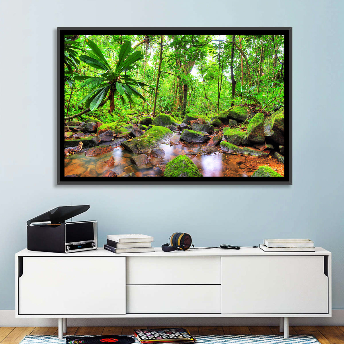 Mossy Rainforest Stream Wall Art in a room, landscape