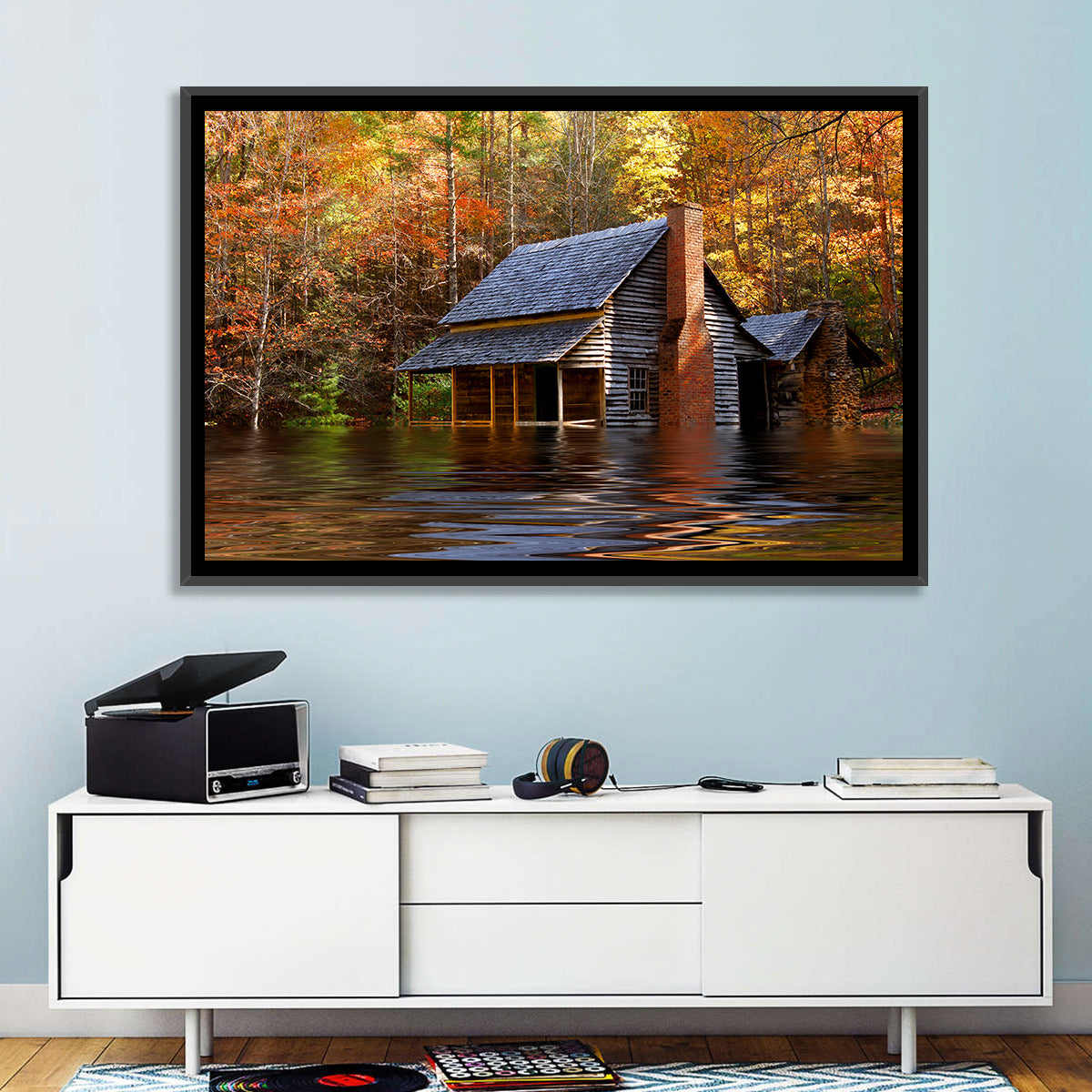 Autumn Flooded Log Cabin Wall Art in a room, landscape