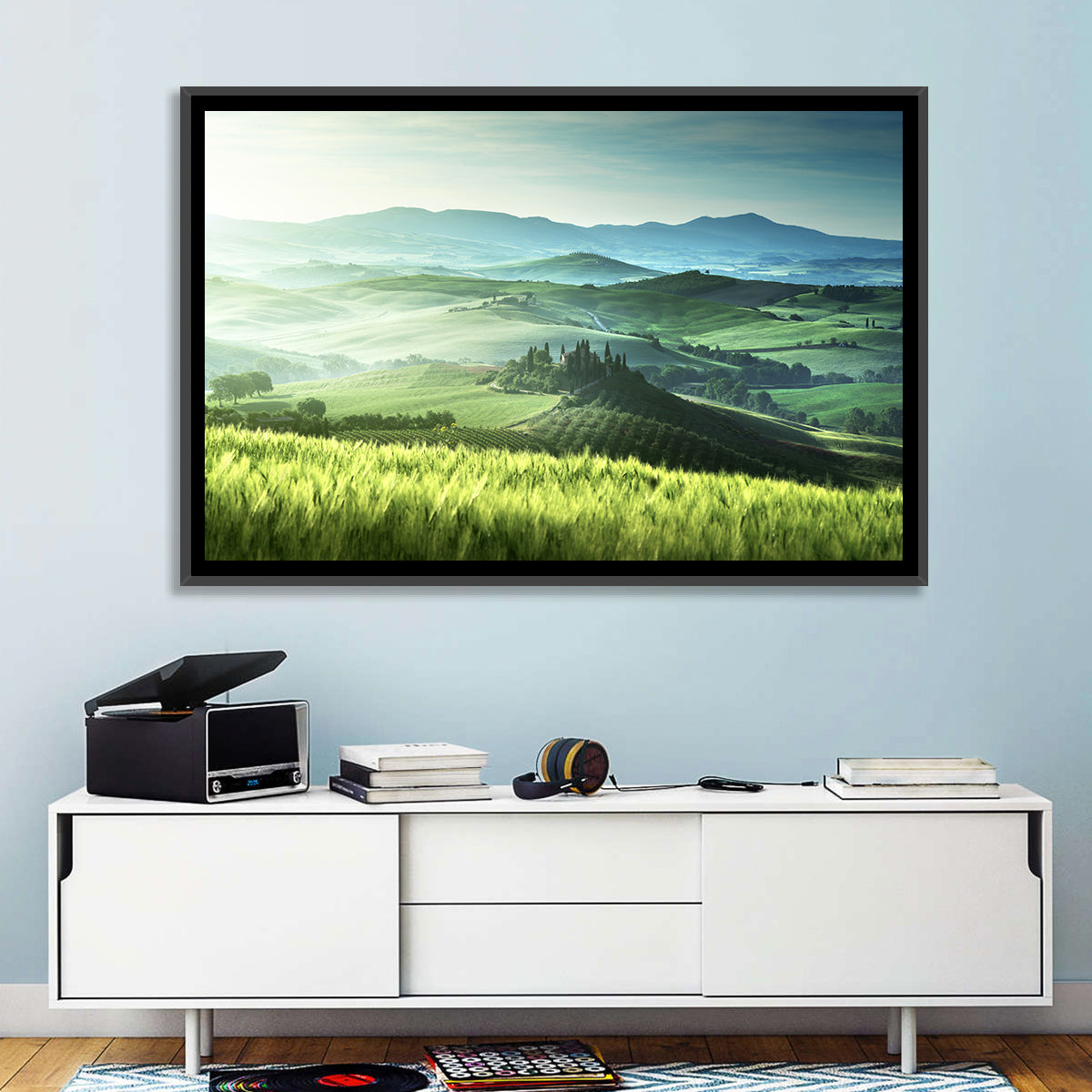 Misty Rolling Hills with Cypresses Wall Art in a room, landscape